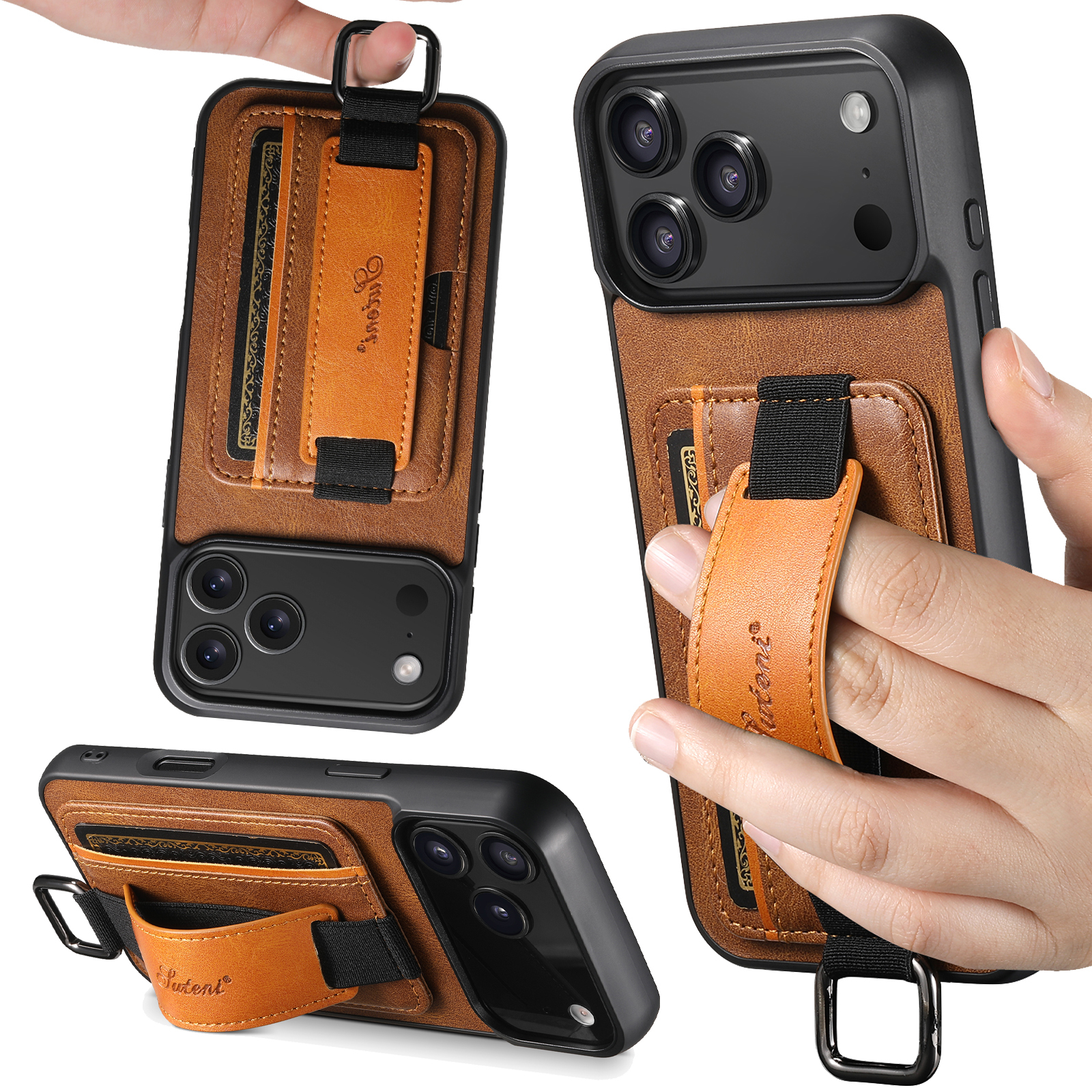 SUTENI H13YL Phone Case Wrist Strap Ring Buckle Faux Leather Card Holder Stand For iPhone 17 Pro Max 16 Plus 15 14 13 12