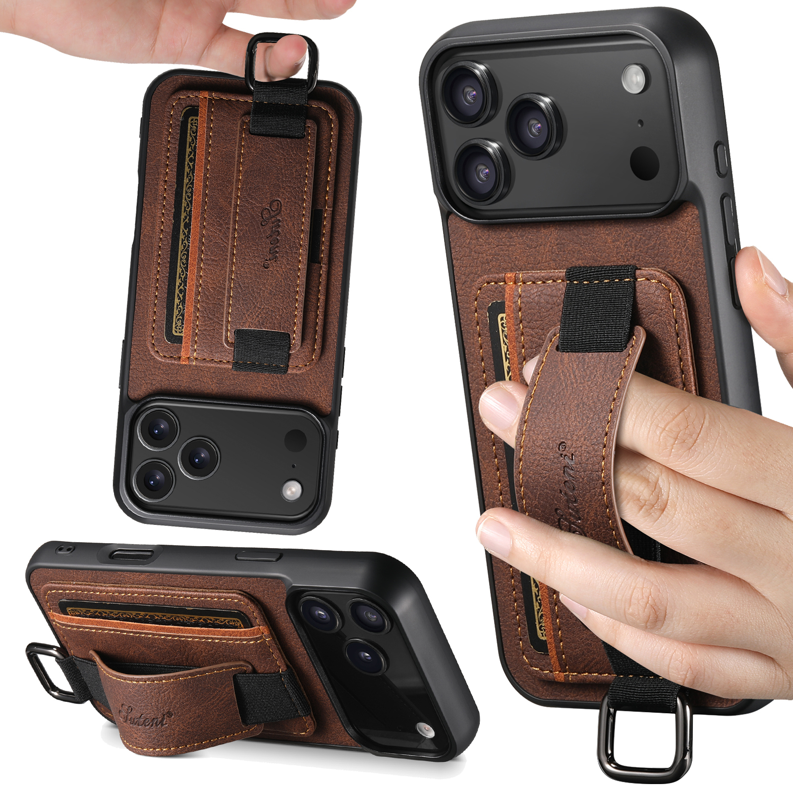 SUTENI H13LZ Faux Leather Phone Case Wrist Strap Ring Buckle Card Holder Stand For iPhone 17 Pro Max 16 Plus 15 14 13 12