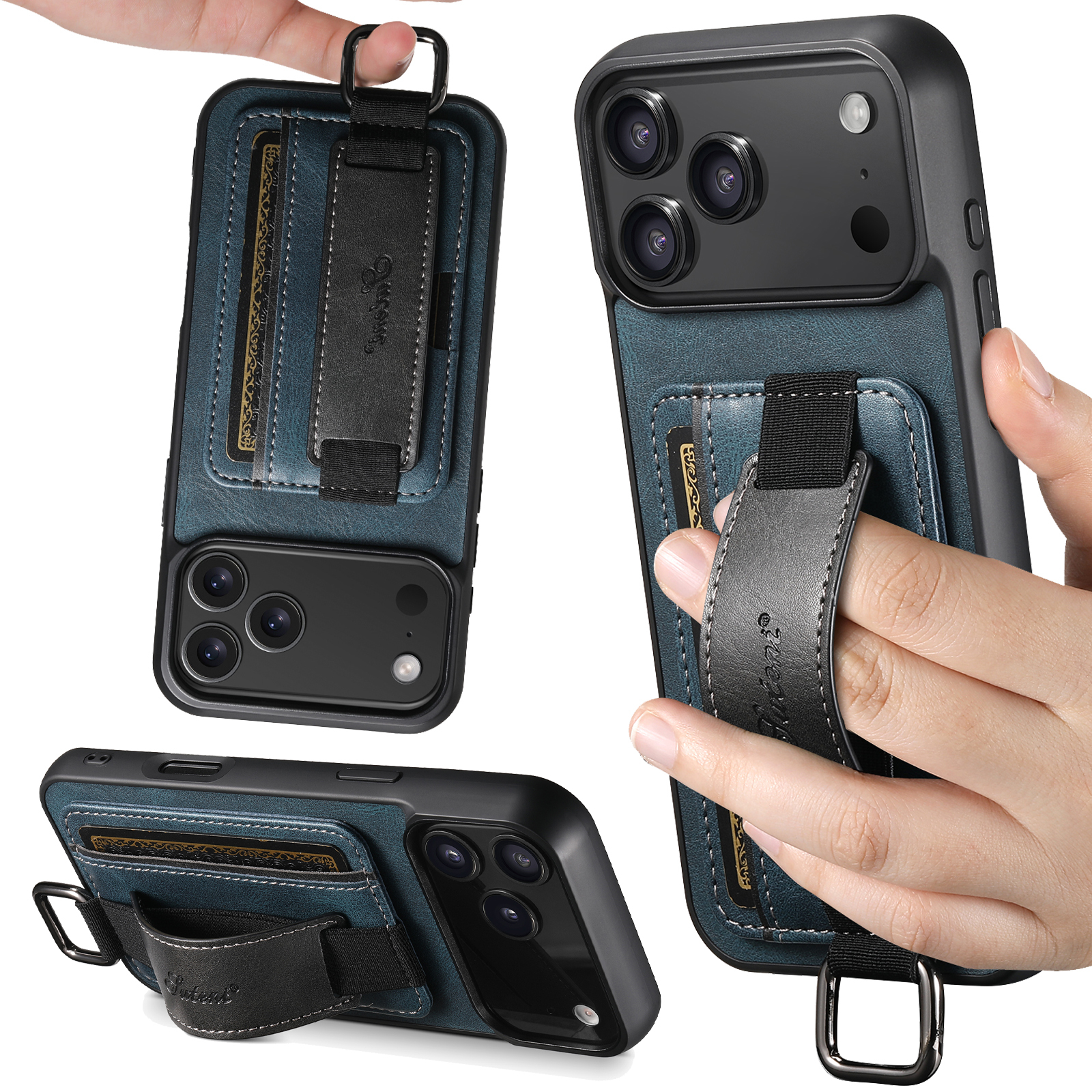 SUTENI H13YL Phone Case Wrist Strap Ring Buckle Faux Leather Card Holder Stand For iPhone 17 Pro Max 16 Plus 15 14 13 12