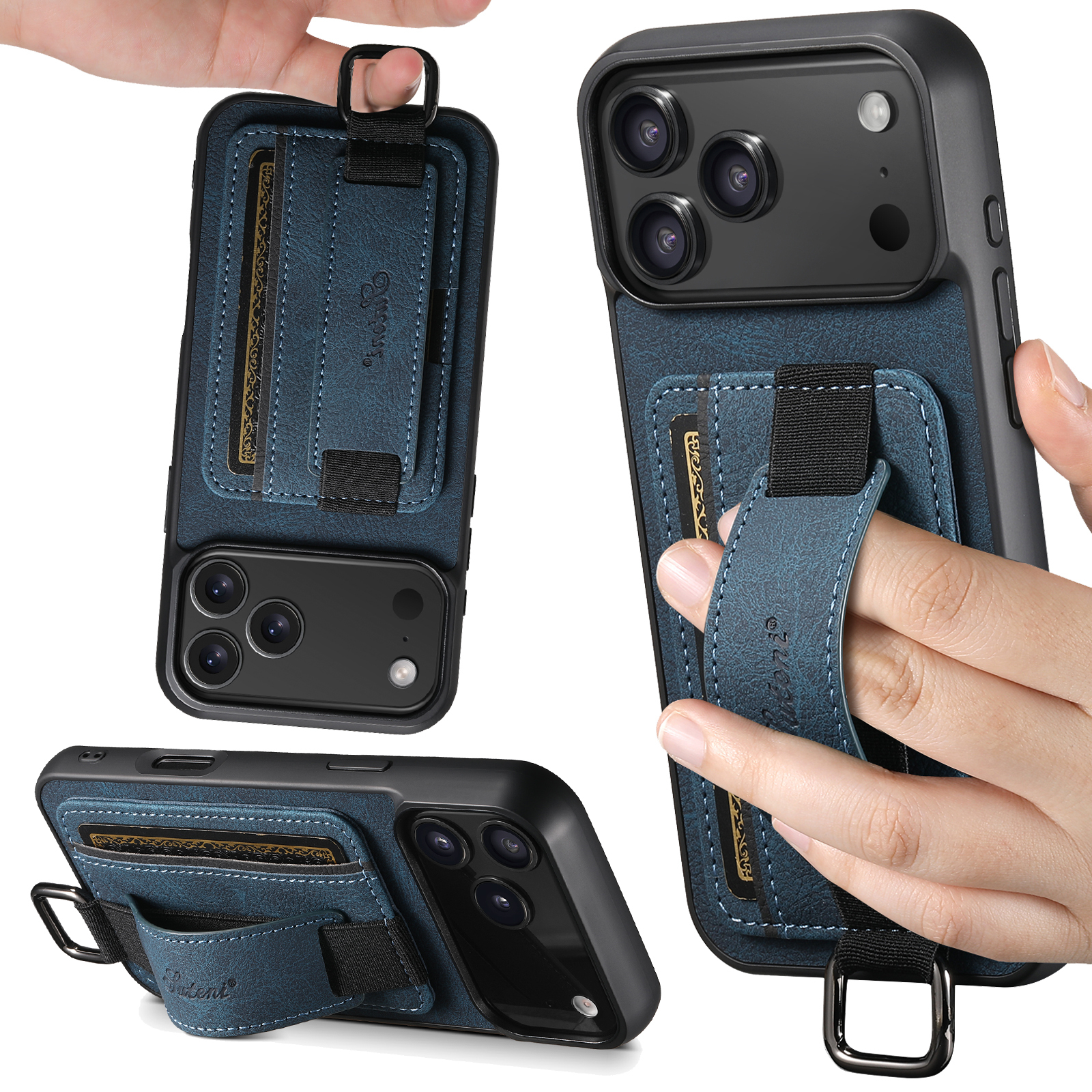SUTENI H13LZ Faux Leather Phone Case Wrist Strap Ring Buckle Card Holder Stand For iPhone 17 Pro Max 16 Plus 15 14 13 12