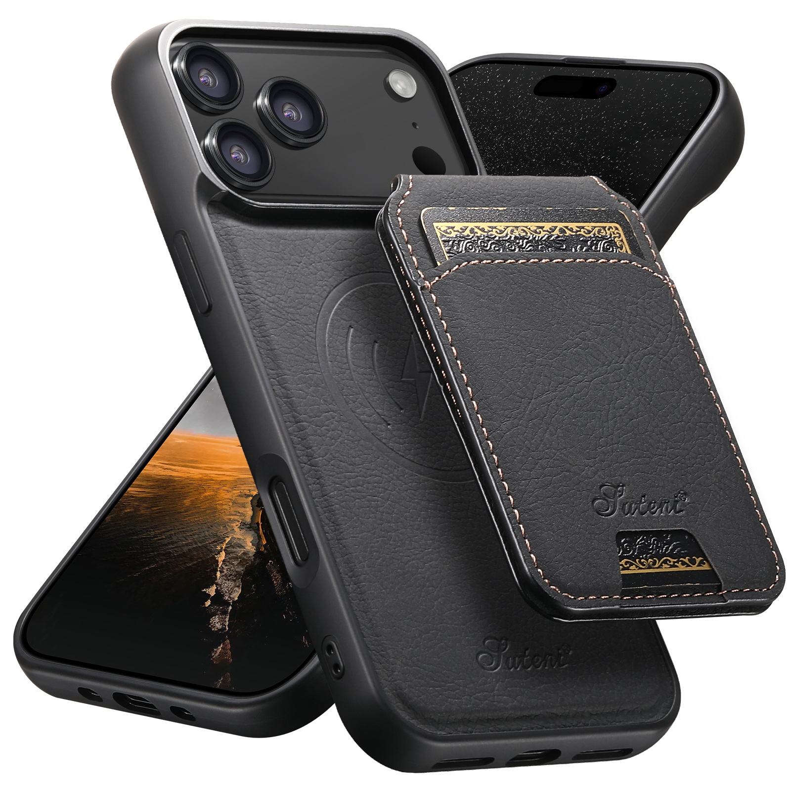 SUTENI H16 Wireless Charging Phone Case Magnet Card Holder Stand Faux Leather For iPhone 17 Pro Max 16 Plus 15 14 13 12