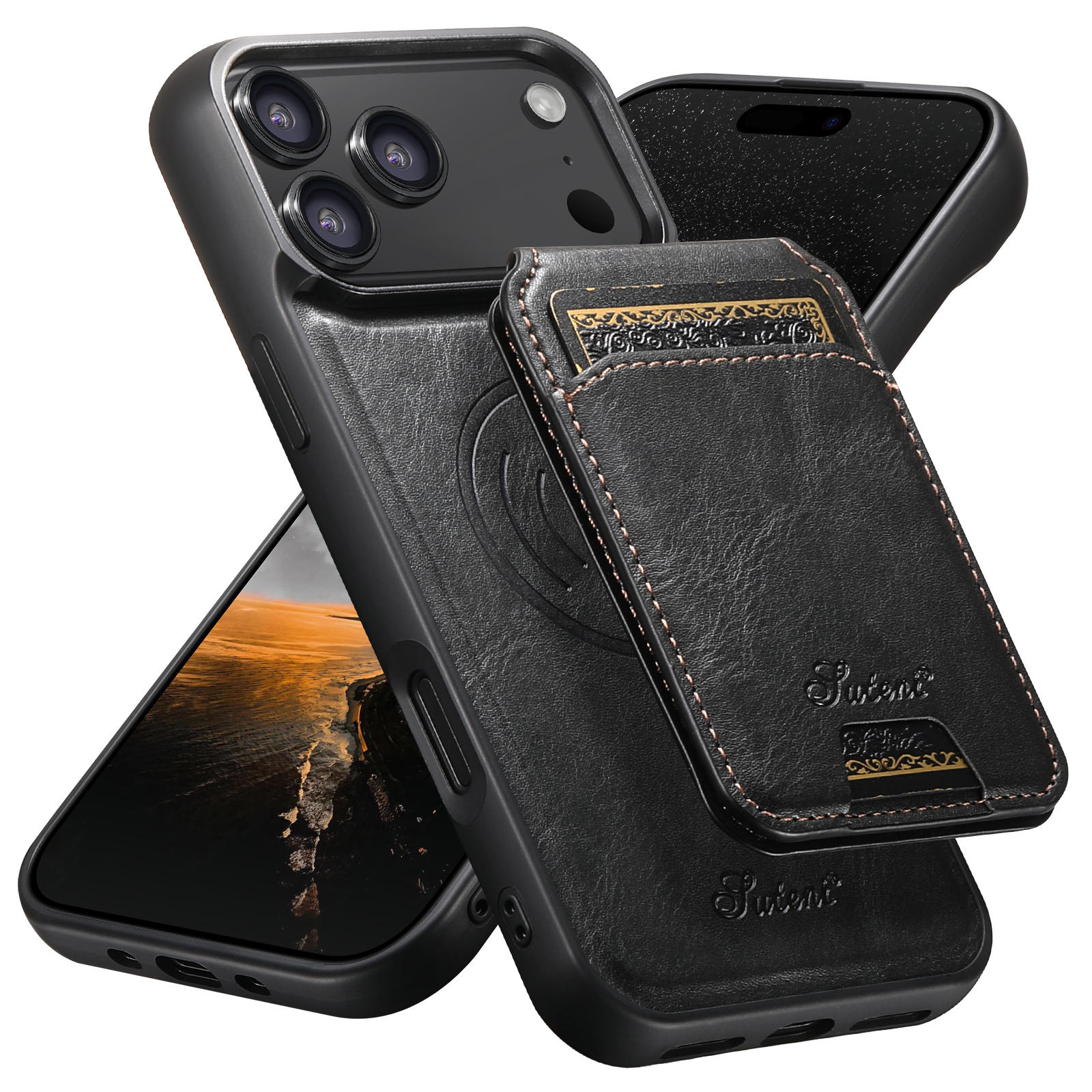 SUTENI H15 Wireless Charging Faux Leather Magnet Card Holder Stand Picture frame Phone Case For iPhone 17 Pro Max 16 Plus 15 14 13 12