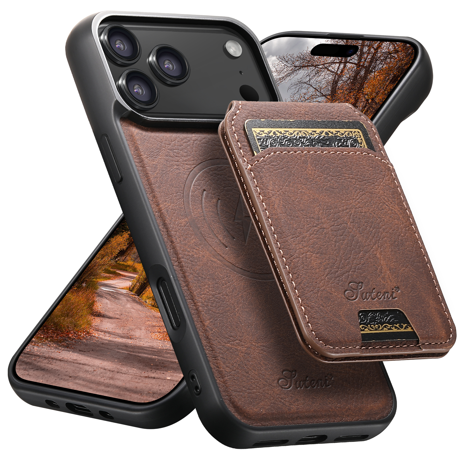 SUTENI H16 Wireless Charging Phone Case Magnet Card Holder Stand Faux Leather For iPhone 17 Pro Max 16 Plus 15 14 13 12