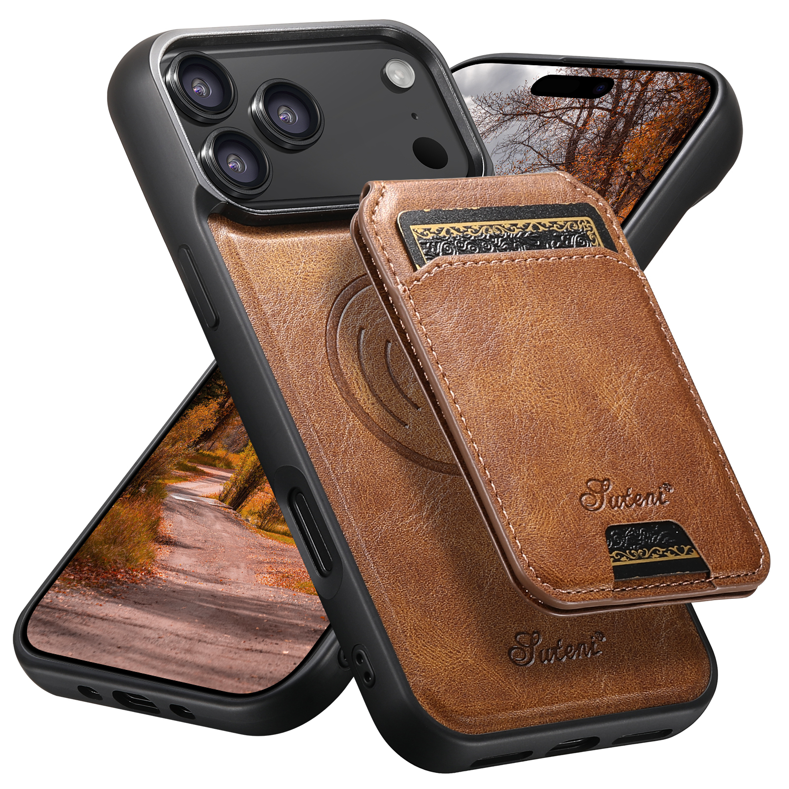SUTENI H15 Wireless Charging Faux Leather Magnet Card Holder Stand Picture frame Phone Case For iPhone 17 Pro Max 16 Plus 15 14 13 12