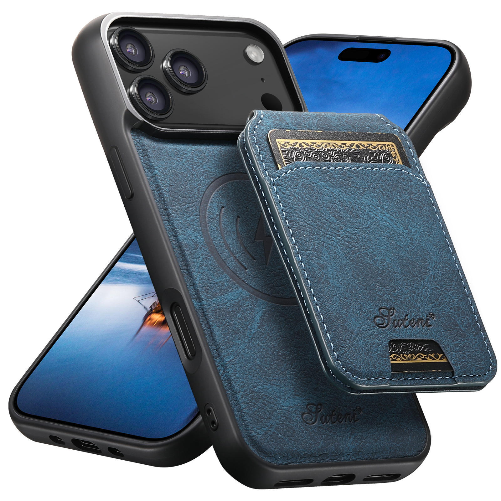 SUTENI H16 Wireless Charging Phone Case Magnet Card Holder Stand Faux Leather For iPhone 17 Pro Max 16 Plus 15 14 13 12