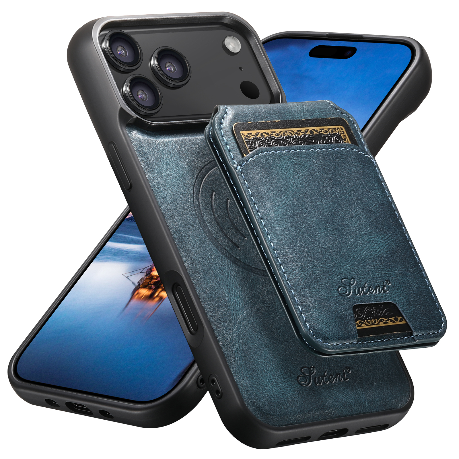 SUTENI H15 Wireless Charging Faux Leather Magnet Card Holder Stand Picture frame Phone Case For iPhone 17 Pro Max 16 Plus 15 14 13 12