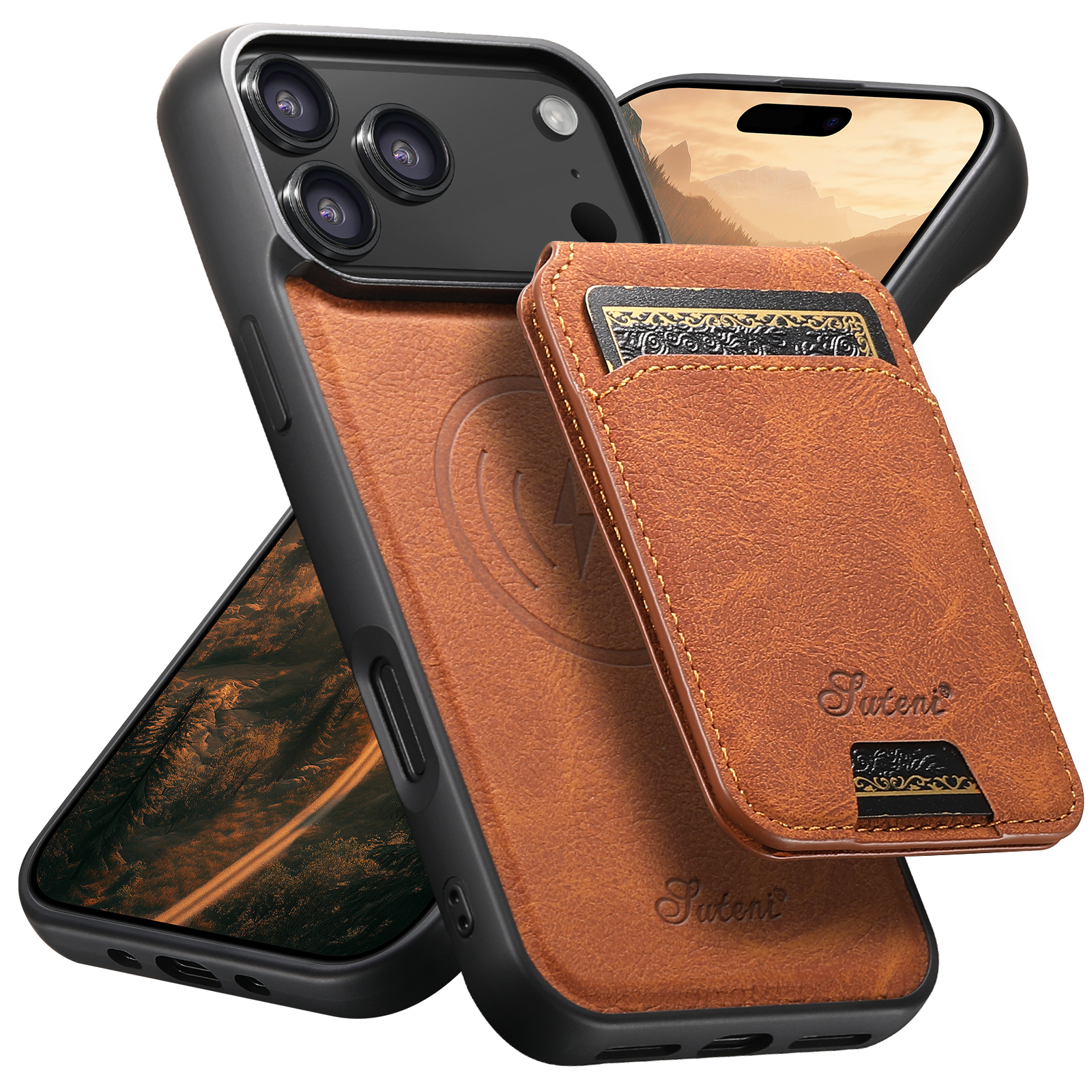 SUTENI H16 Wireless Charging Phone Case Magnet Card Holder Stand Faux Leather For iPhone 17 Pro Max 16 Plus 15 14 13 12
