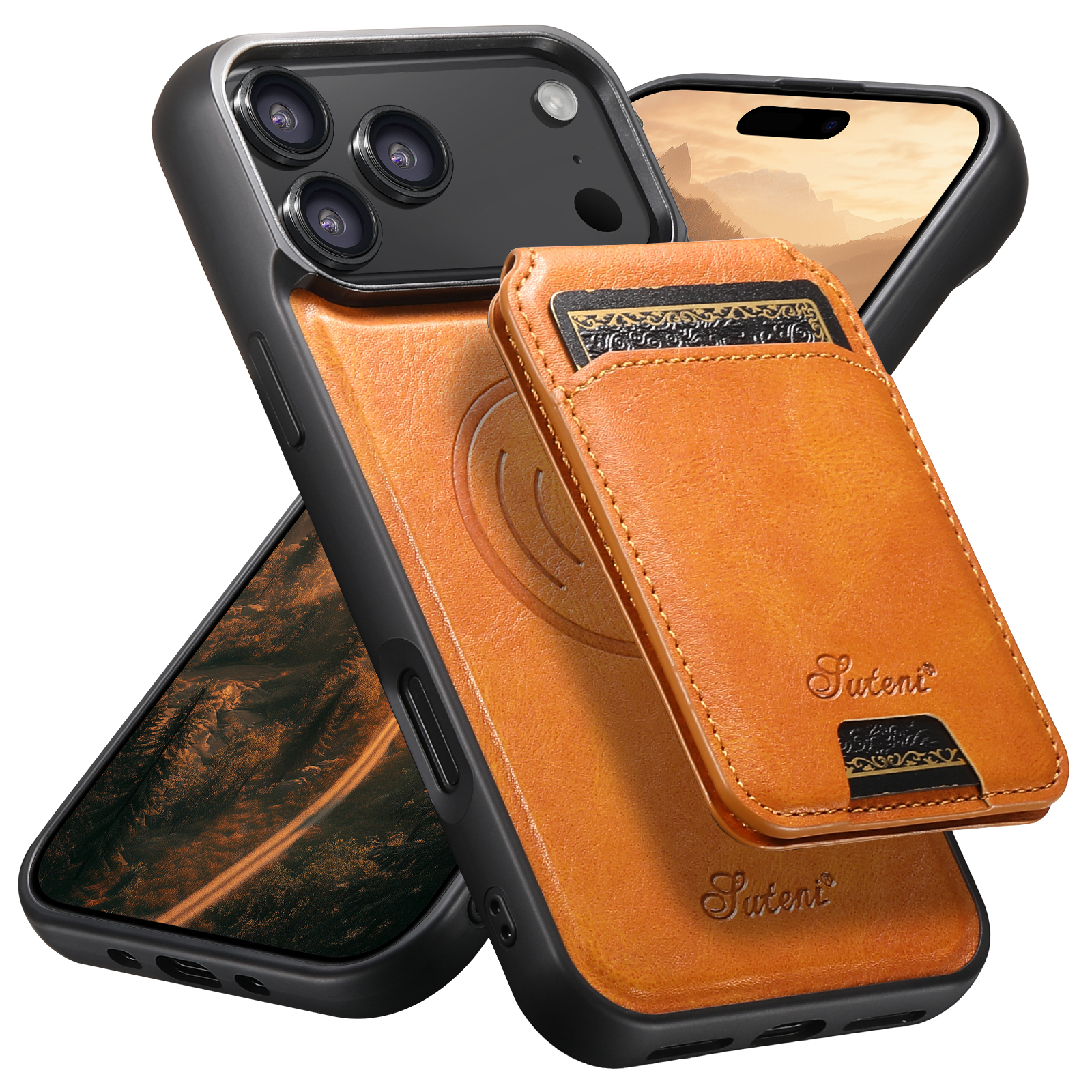 SUTENI H15 Wireless Charging Faux Leather Magnet Card Holder Stand Picture frame Phone Case For iPhone 17 Pro Max 16 Plus 15 14 13 12