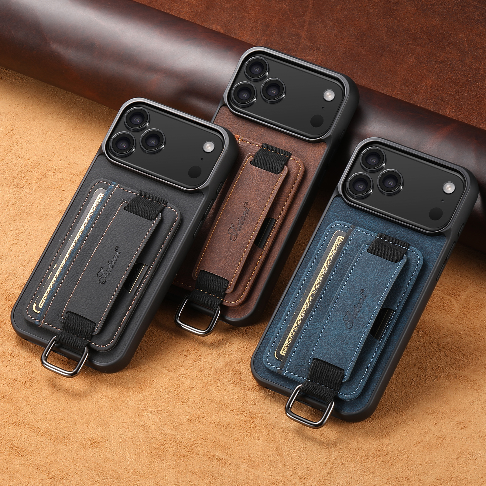 SUTENI H13LZ Faux Leather Phone Case Wrist Strap Ring Buckle Card Holder Stand For iPhone 17 Pro Max 16 Plus 15 14 13 12