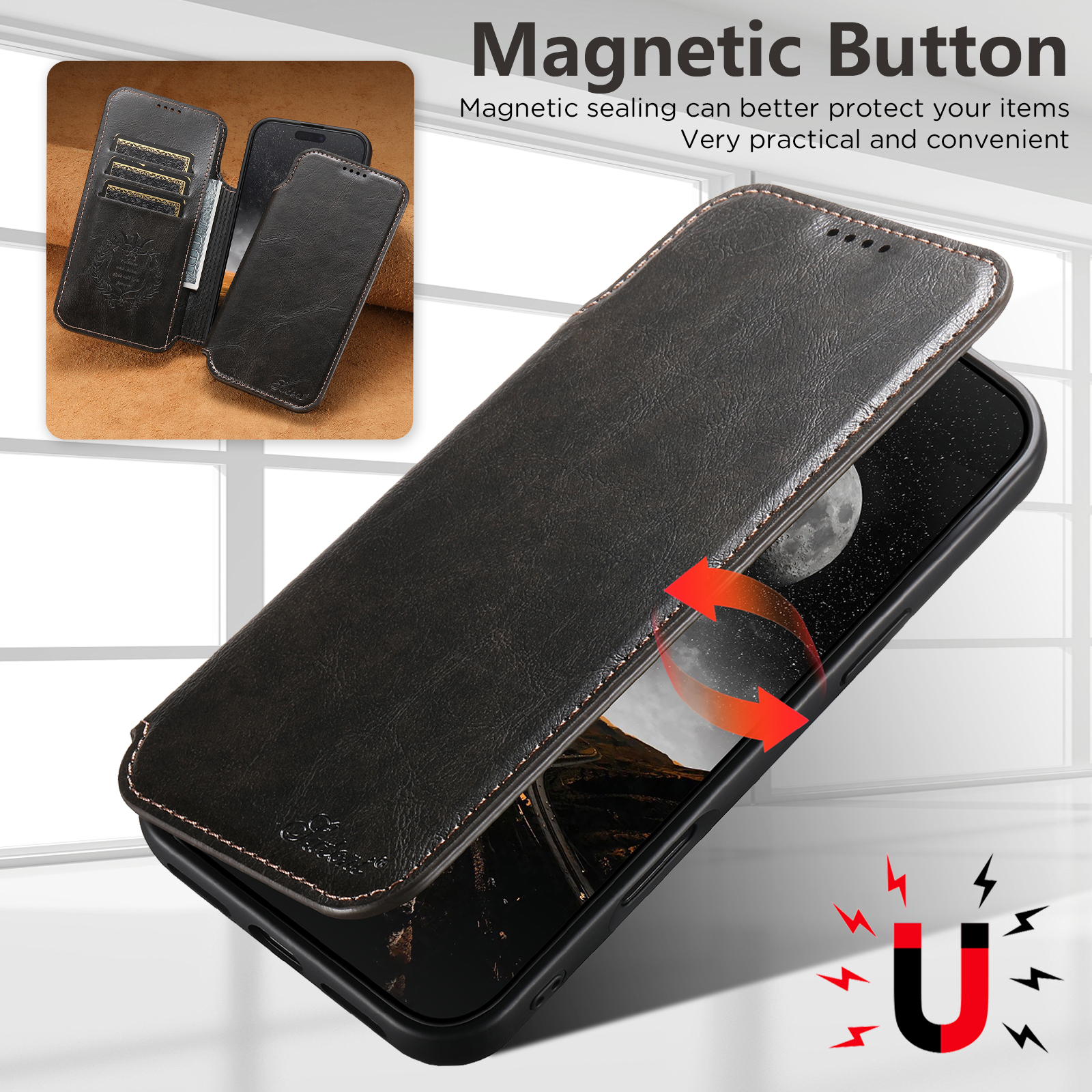 SUTENI J05 Faux Leather Wireless Charging  Card Holder Stand Wallet Magnetic buckle Phone Case For iPhone 17 Pro Max 16 Plus 15 14 13 12
