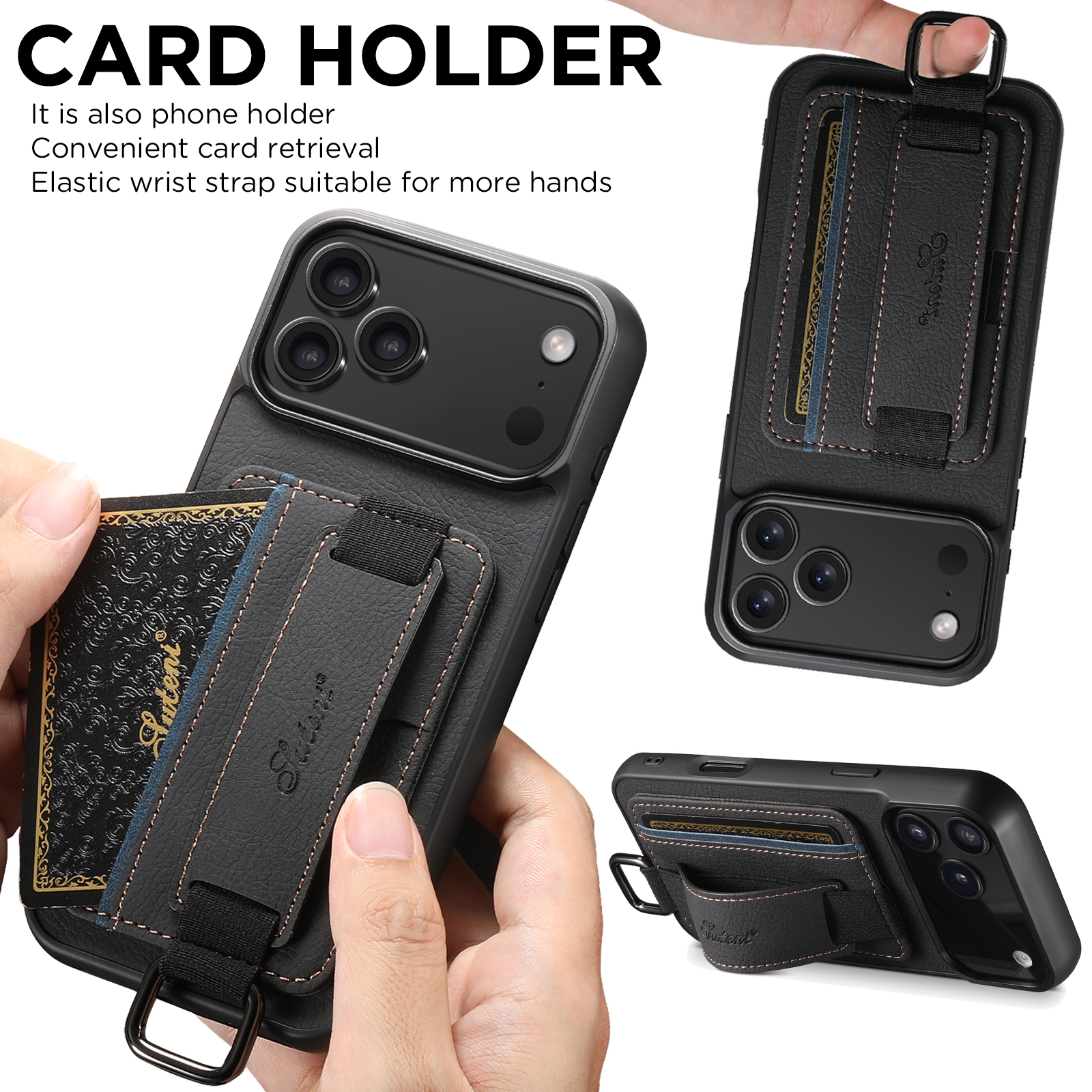 SUTENI H13LZ Faux Leather Phone Case Wrist Strap Ring Buckle Card Holder Stand For iPhone 17 Pro Max 16 Plus 15 14 13 12