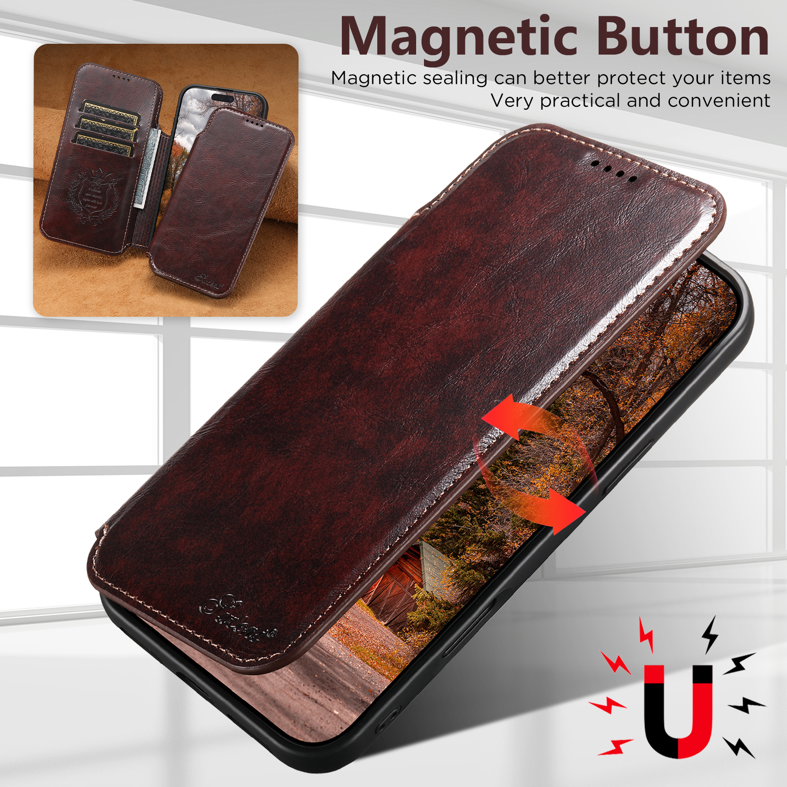 SUTENI J05 Faux Leather Wireless Charging  Card Holder Stand Wallet Magnetic buckle Phone Case For iPhone 17 Pro Max 16 Plus 15 14 13 12