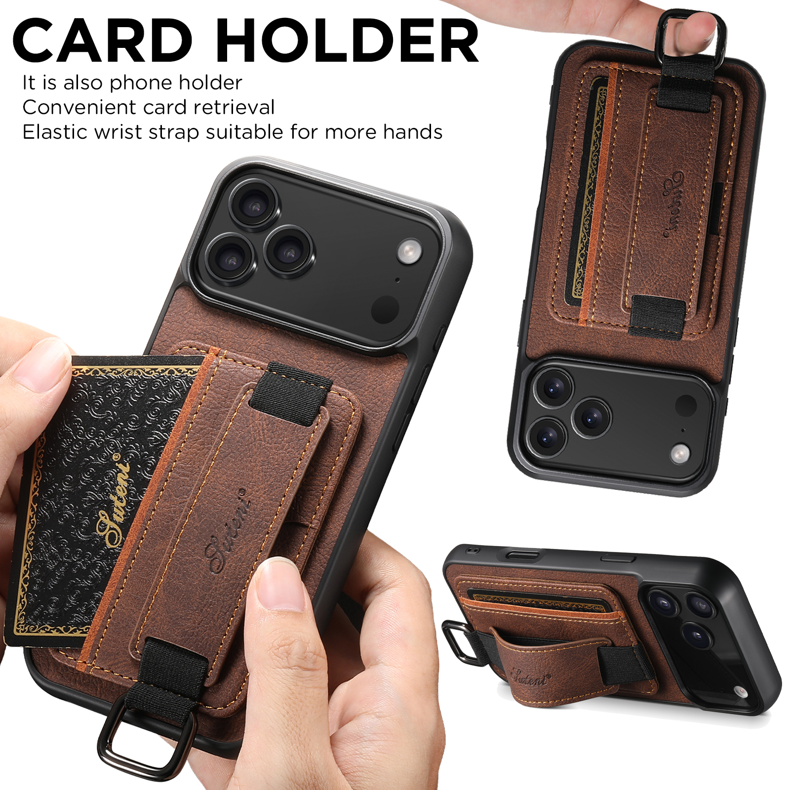 SUTENI H13LZ Faux Leather Phone Case Wrist Strap Ring Buckle Card Holder Stand For iPhone 17 Pro Max 16 Plus 15 14 13 12