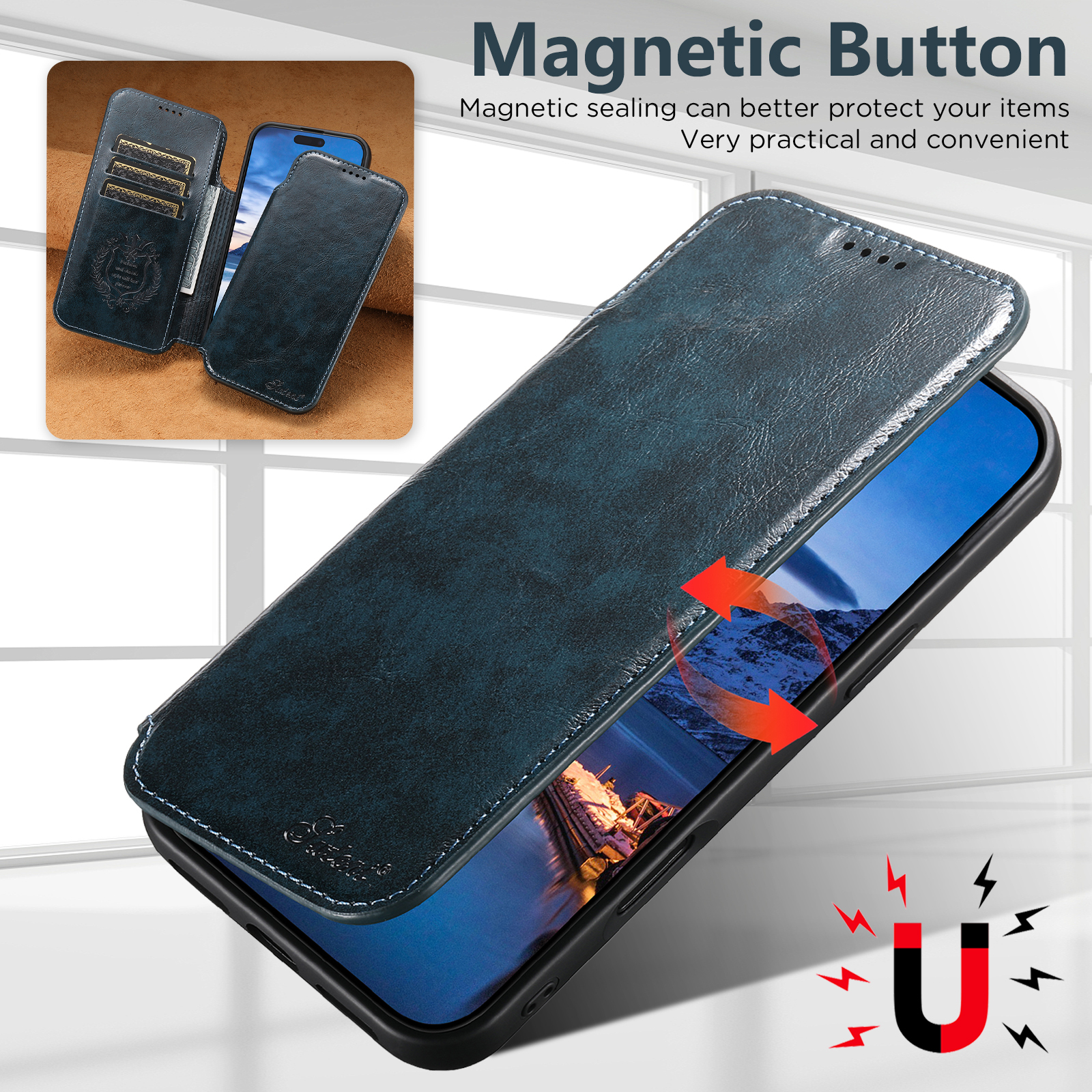 SUTENI J05 Faux Leather Wireless Charging  Card Holder Stand Wallet Magnetic buckle Phone Case For iPhone 17 Pro Max 16 Plus 15 14 13 12