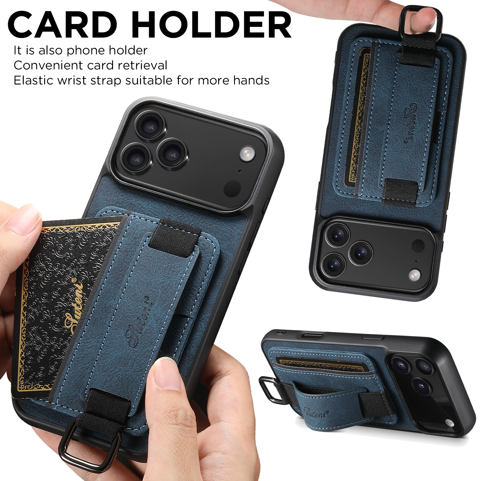SUTENI H13LZ Faux Leather Phone Case Wrist Strap Ring Buckle Card Holder Stand For iPhone 17 Pro Max 16 Plus 15 14 13 12