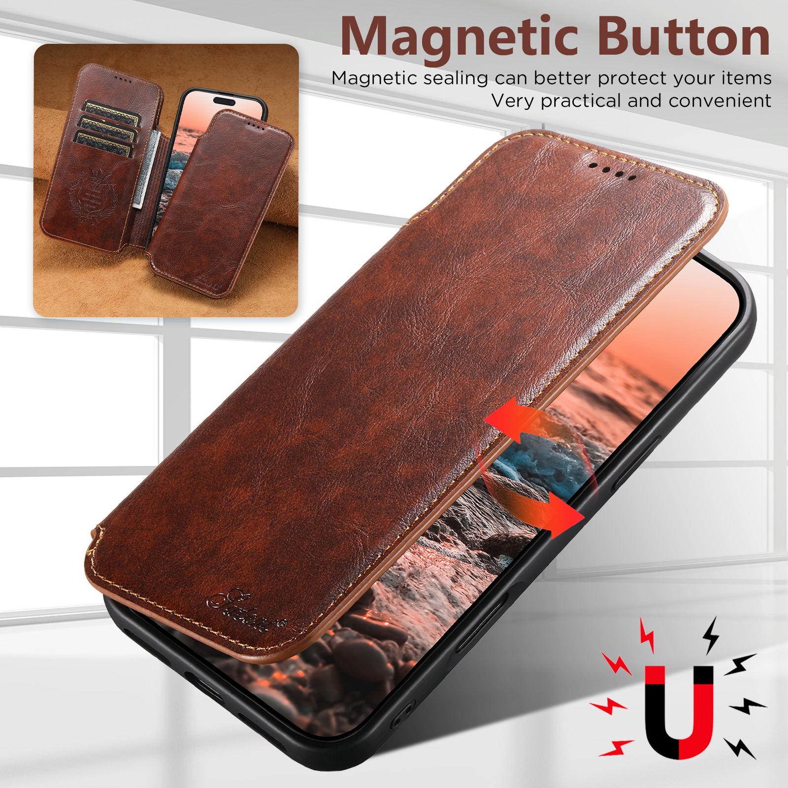 SUTENI J05 Faux Leather Wireless Charging  Card Holder Stand Wallet Magnetic buckle Phone Case For iPhone 17 Pro Max 16 Plus 15 14 13 12