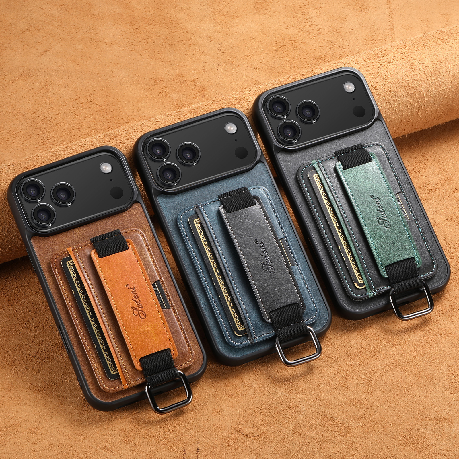 SUTENI H13YL Phone Case Wrist Strap Ring Buckle Faux Leather Card Holder Stand For iPhone 17 Pro Max 16 Plus 15 14 13 12