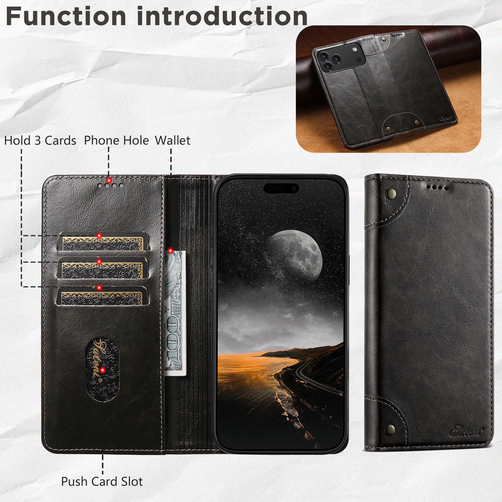 SUTENI BLK Phone Case Faux Leather Card Holder Stand Wallet Magnet Flip Cover For iPhone 17 Pro Max 16 Plus 15 14 13 12