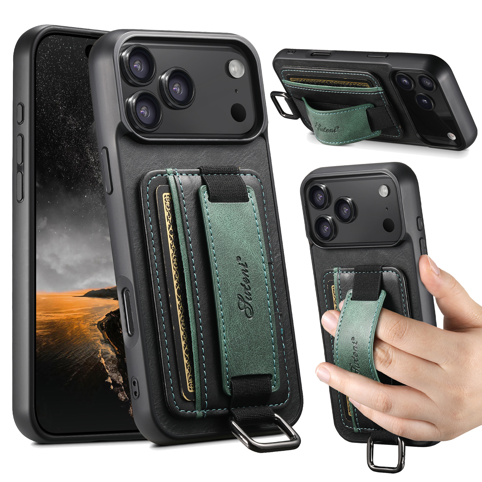 SUTENI H13YL Phone Case Wrist Strap Ring Buckle Faux Leather Card Holder Stand For iPhone 17 Pro Max 16 Plus 15 14 13 12
