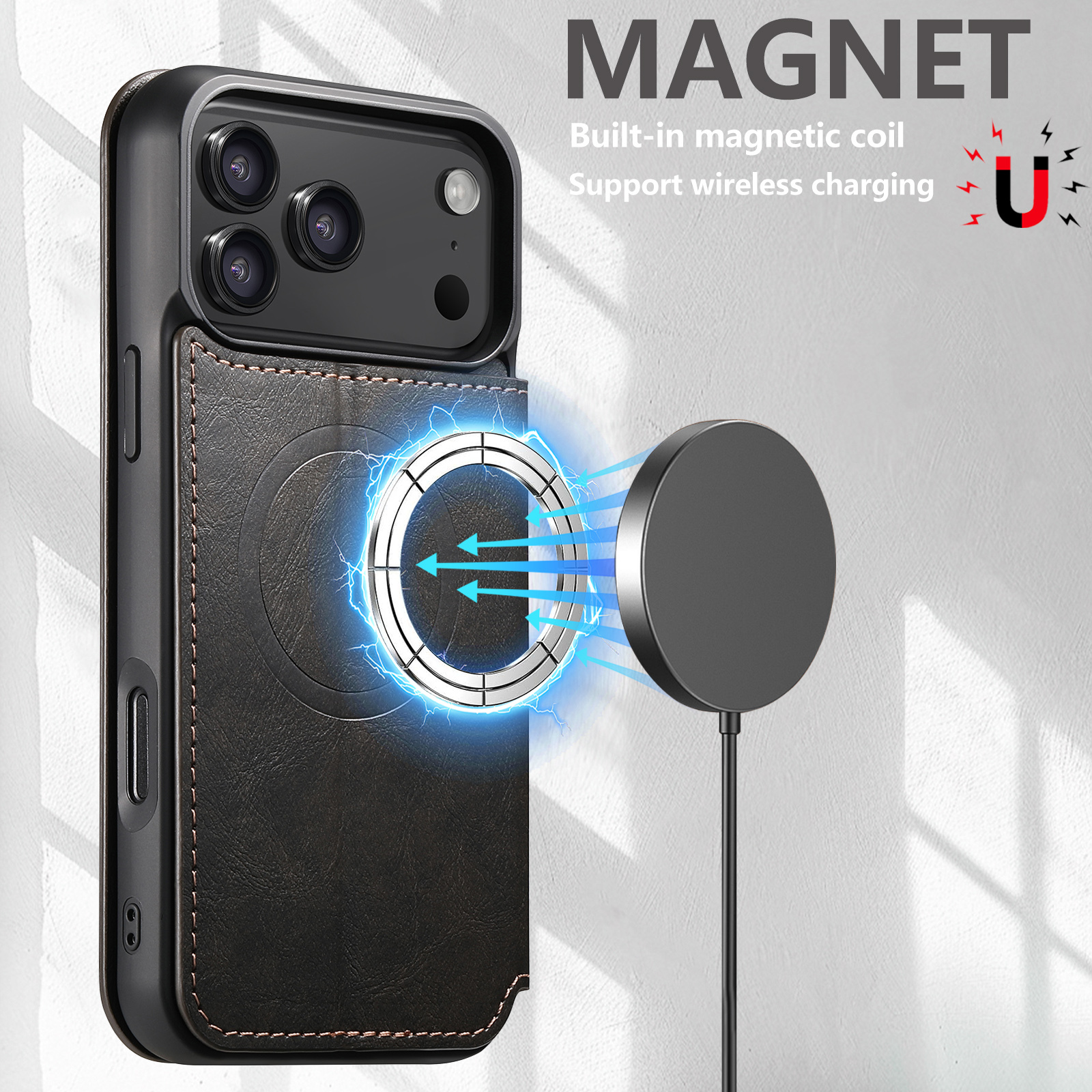 SUTENI J05 Faux Leather Wireless Charging  Card Holder Stand Wallet Magnetic buckle Phone Case For iPhone 17 Pro Max 16 Plus 15 14 13 12