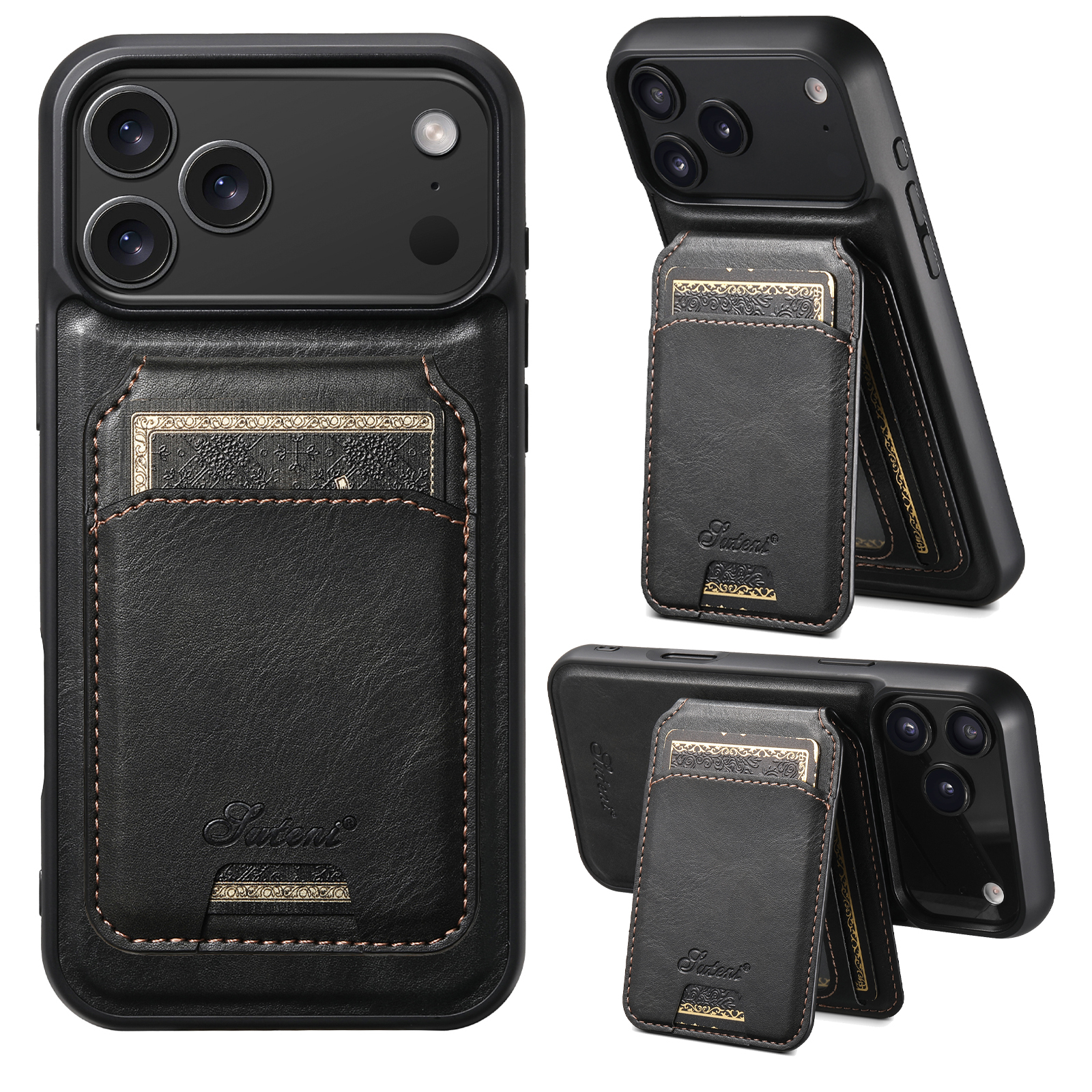 SUTENI H15 Wireless Charging Faux Leather Magnet Card Holder Stand Picture frame Phone Case For iPhone 17 Pro Max 16 Plus 15 14 13 12