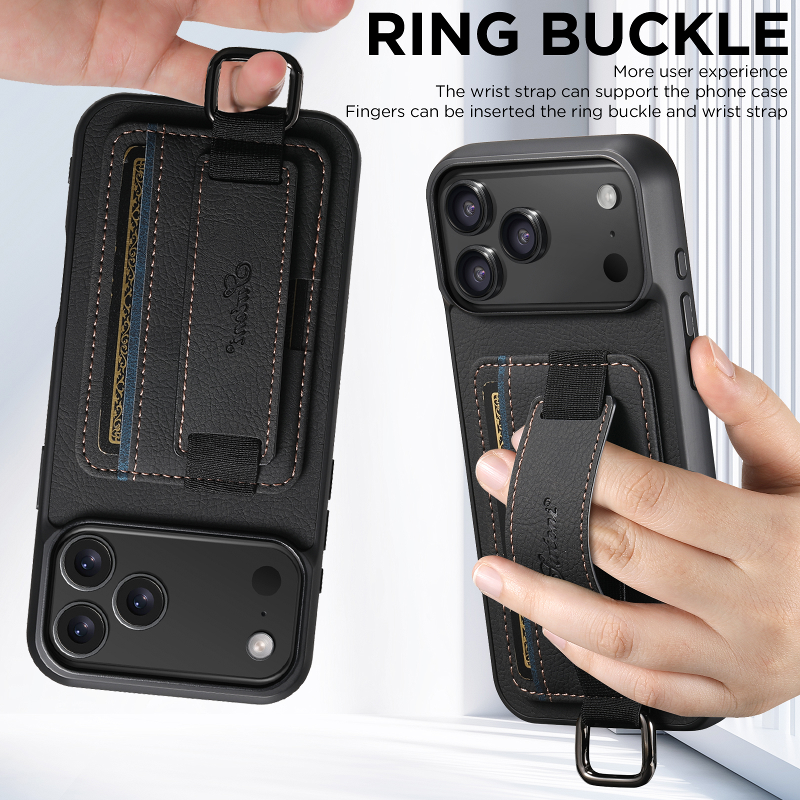 SUTENI H13LZ Faux Leather Phone Case Wrist Strap Ring Buckle Card Holder Stand For iPhone 17 Pro Max 16 Plus 15 14 13 12