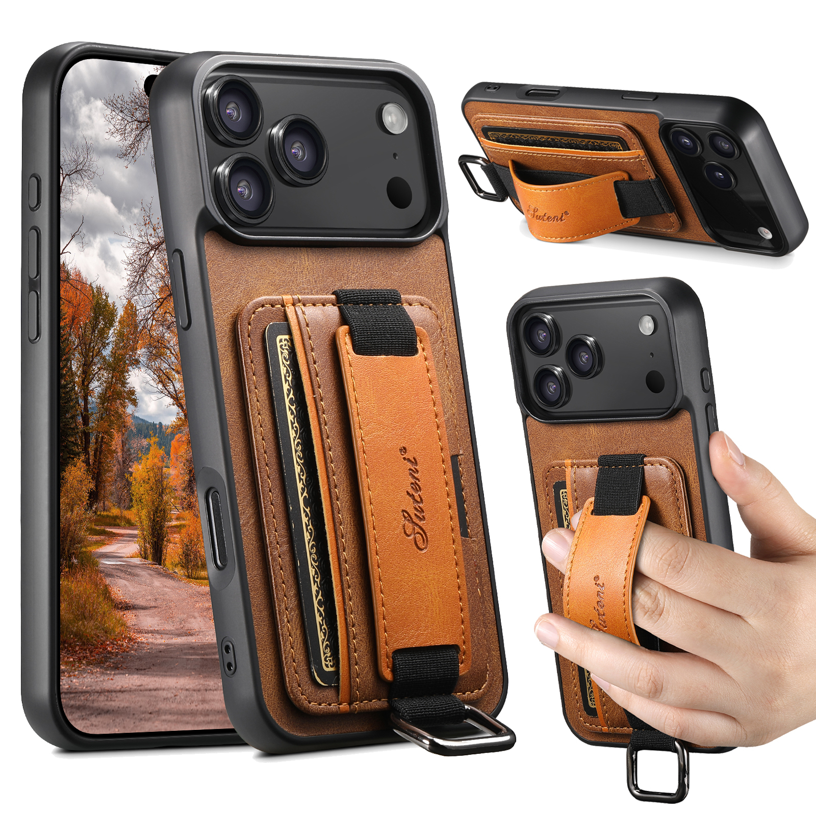 SUTENI H13YL Phone Case Wrist Strap Ring Buckle Faux Leather Card Holder Stand For iPhone 17 Pro Max 16 Plus 15 14 13 12