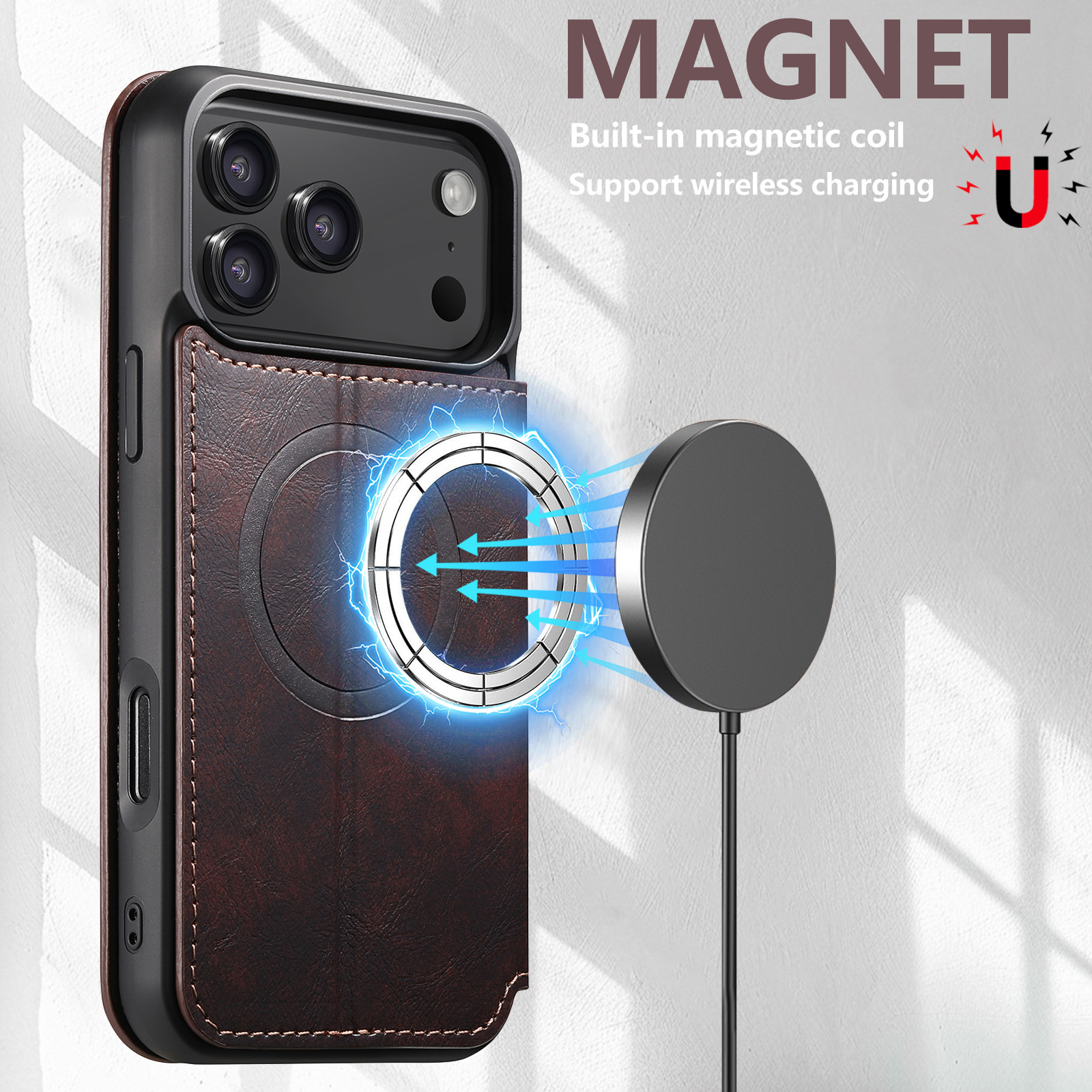 SUTENI J05 Faux Leather Wireless Charging  Card Holder Stand Wallet Magnetic buckle Phone Case For iPhone 17 Pro Max 16 Plus 15 14 13 12