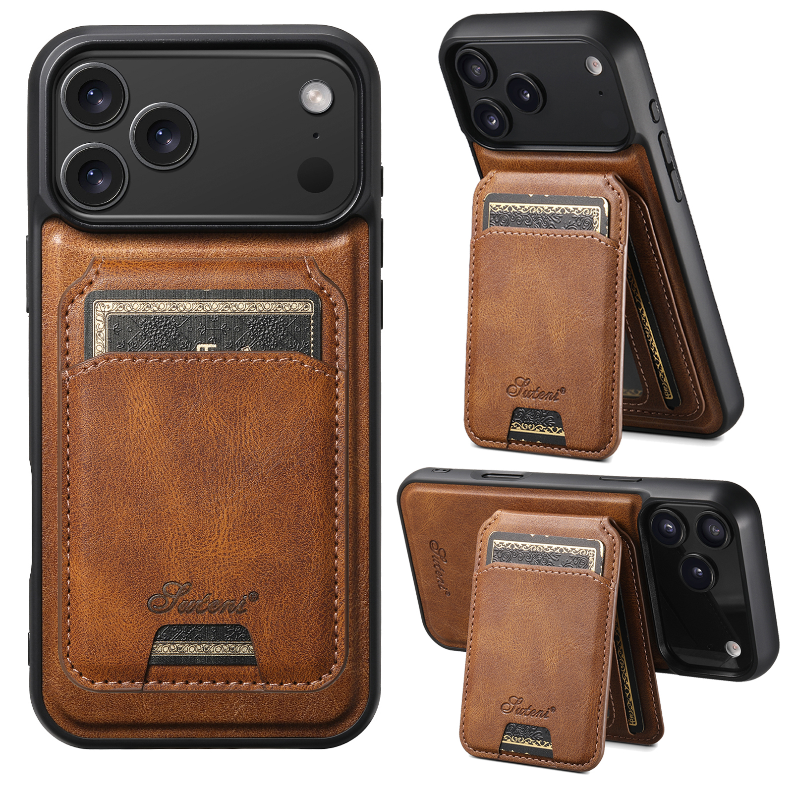 SUTENI H15 Wireless Charging Faux Leather Magnet Card Holder Stand Picture frame Phone Case For iPhone 17 Pro Max 16 Plus 15 14 13 12