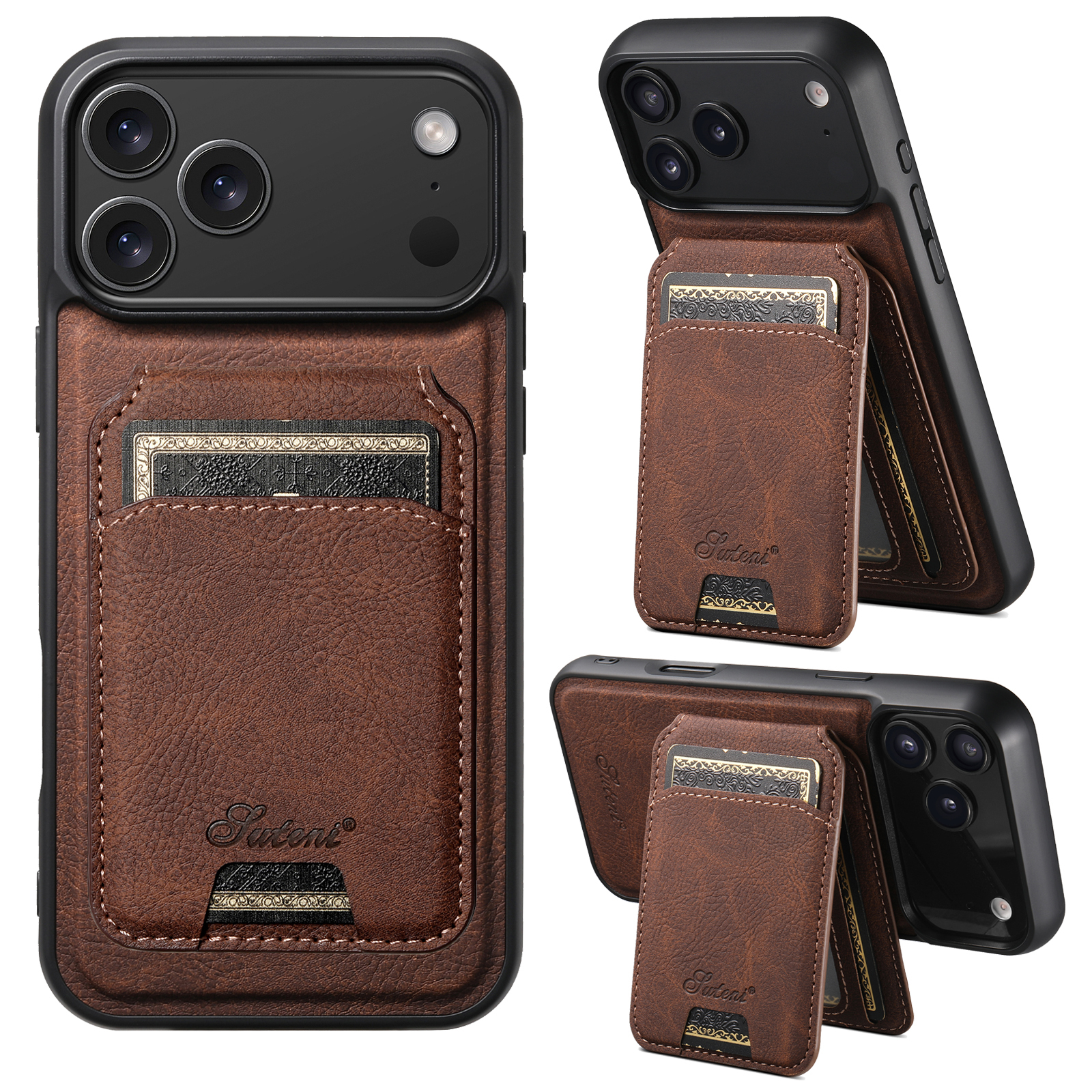 SUTENI H16 Wireless Charging Phone Case Magnet Card Holder Stand Faux Leather For iPhone 17 Pro Max 16 Plus 15 14 13 12