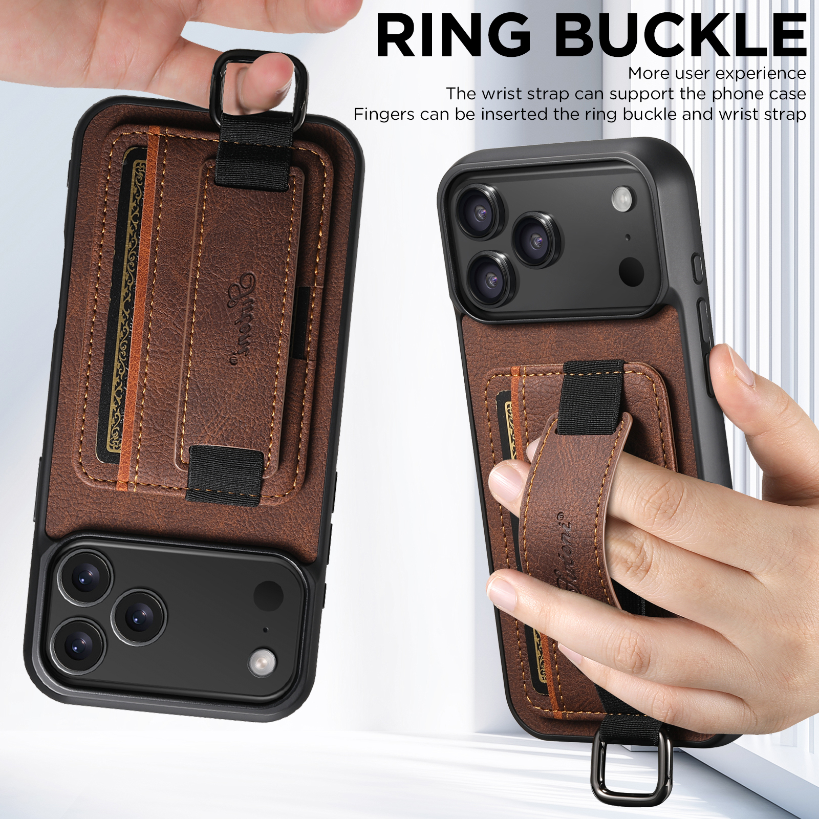 SUTENI H13LZ Faux Leather Phone Case Wrist Strap Ring Buckle Card Holder Stand For iPhone 17 Pro Max 16 Plus 15 14 13 12