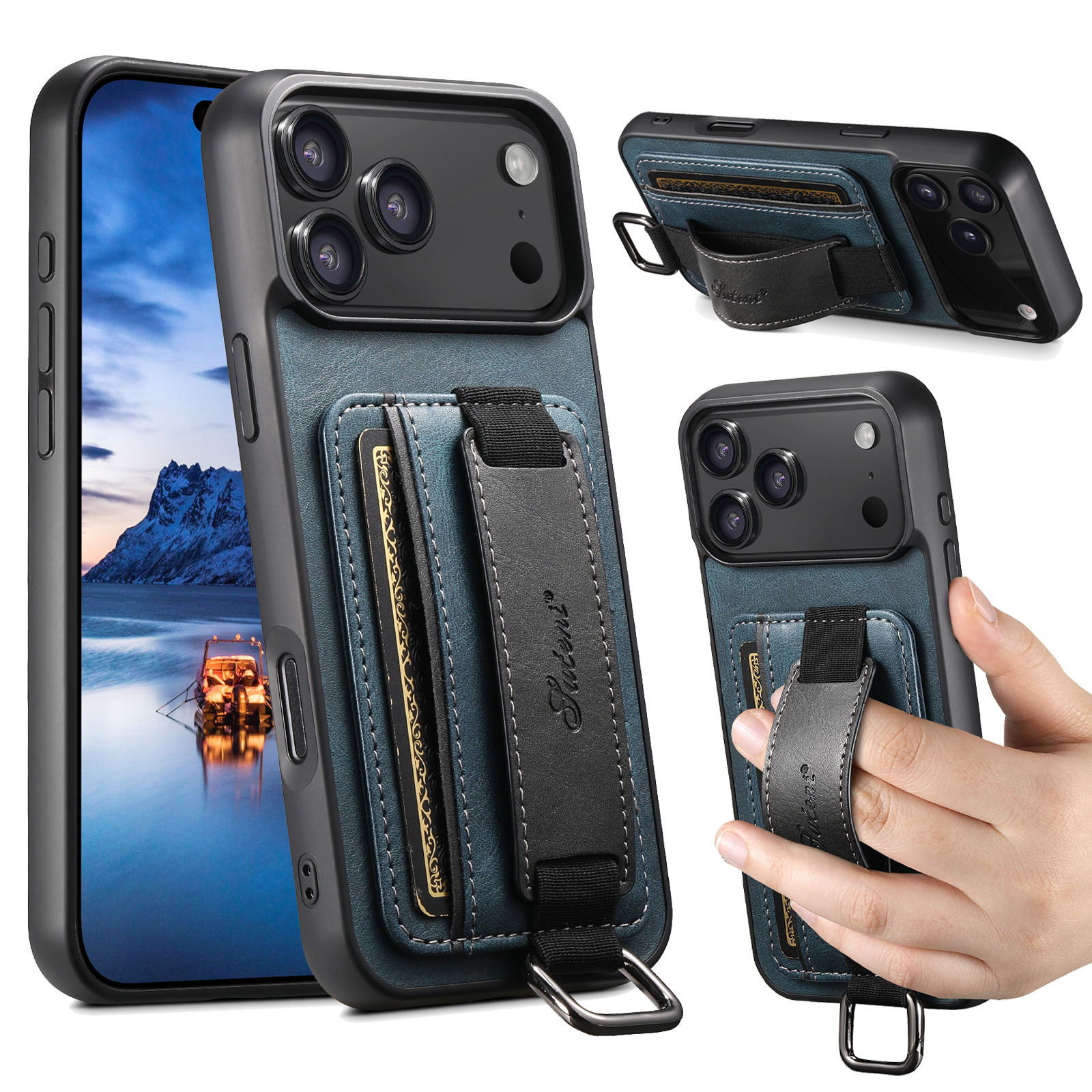 SUTENI H13YL Phone Case Wrist Strap Ring Buckle Faux Leather Card Holder Stand For iPhone 17 Pro Max 16 Plus 15 14 13 12