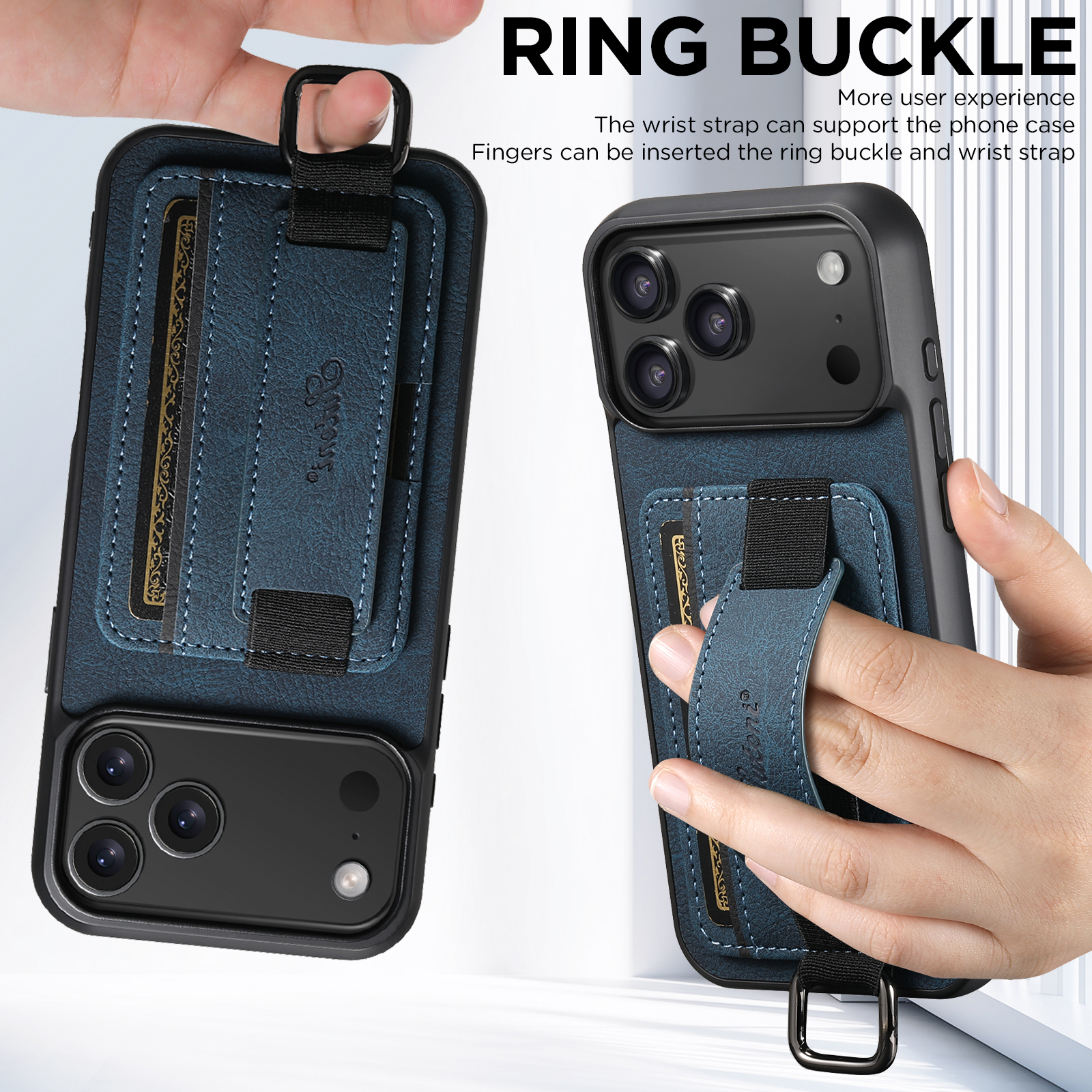 SUTENI H13LZ Faux Leather Phone Case Wrist Strap Ring Buckle Card Holder Stand For iPhone 17 Pro Max 16 Plus 15 14 13 12
