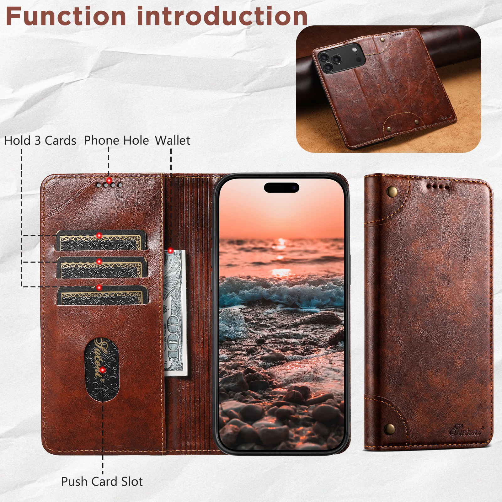 SUTENI BLK Phone Case Faux Leather Card Holder Stand Wallet Magnet Flip Cover For iPhone 17 Pro Max 16 Plus 15 14 13 12
