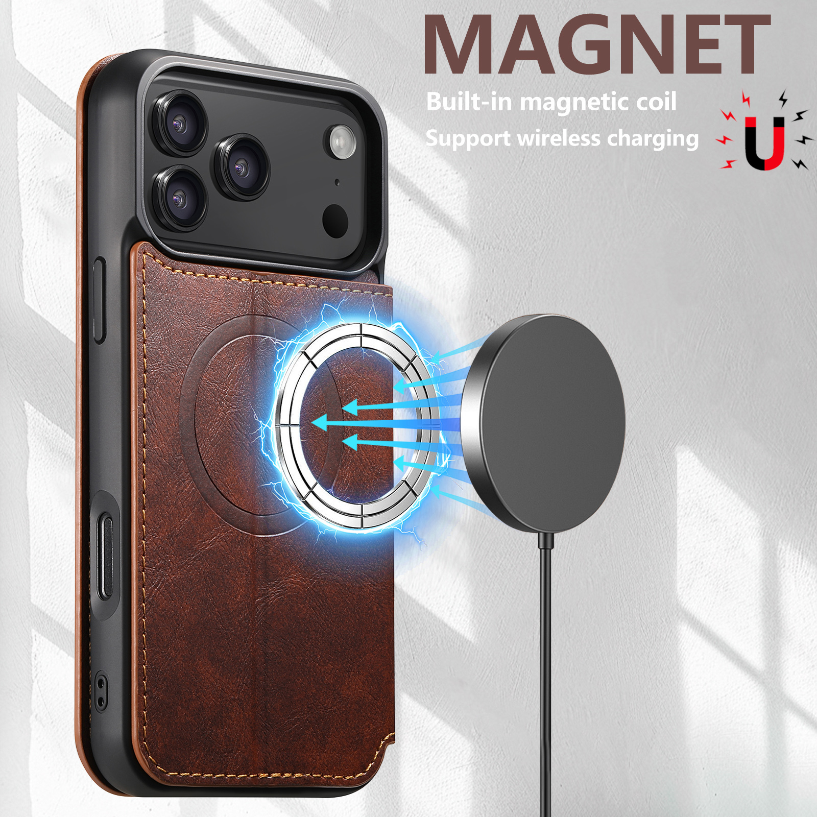 SUTENI J05 Faux Leather Wireless Charging  Card Holder Stand Wallet Magnetic buckle Phone Case For iPhone 17 Pro Max 16 Plus 15 14 13 12
