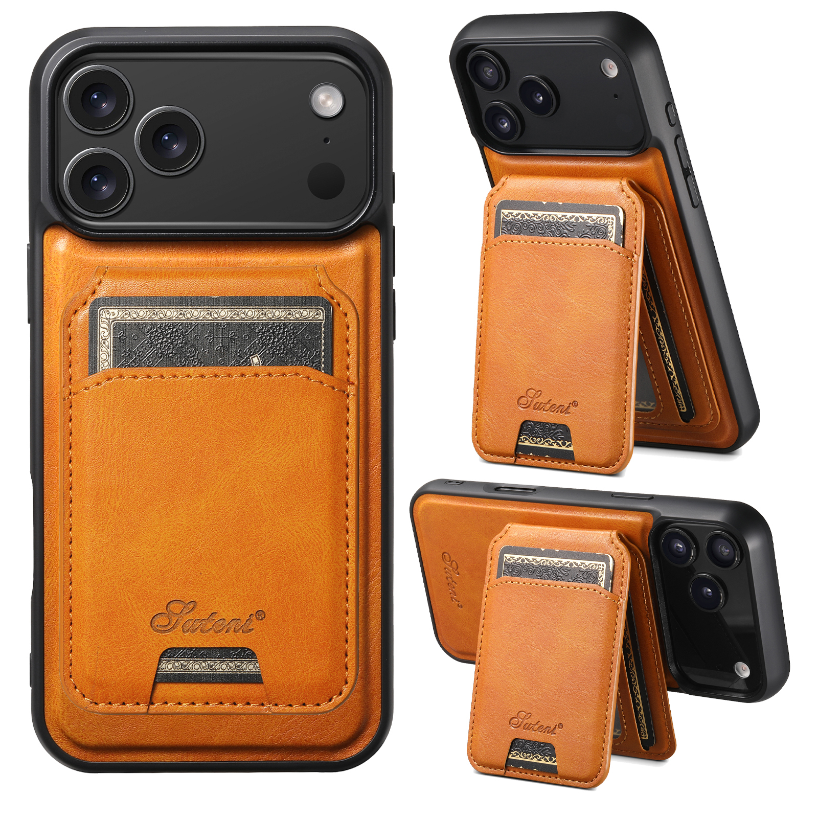 SUTENI H15 Wireless Charging Faux Leather Magnet Card Holder Stand Picture frame Phone Case For iPhone 17 Pro Max 16 Plus 15 14 13 12