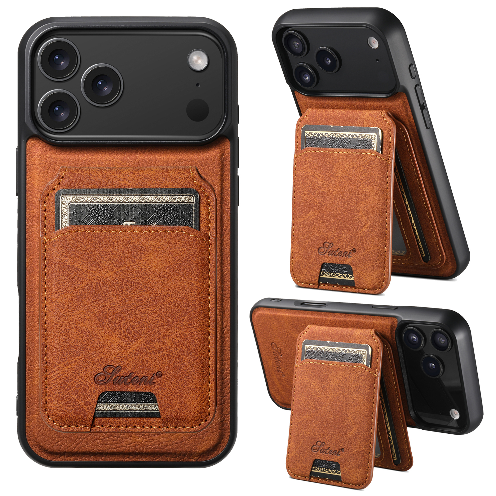 SUTENI H16 Wireless Charging Phone Case Magnet Card Holder Stand Faux Leather For iPhone 17 Pro Max 16 Plus 15 14 13 12