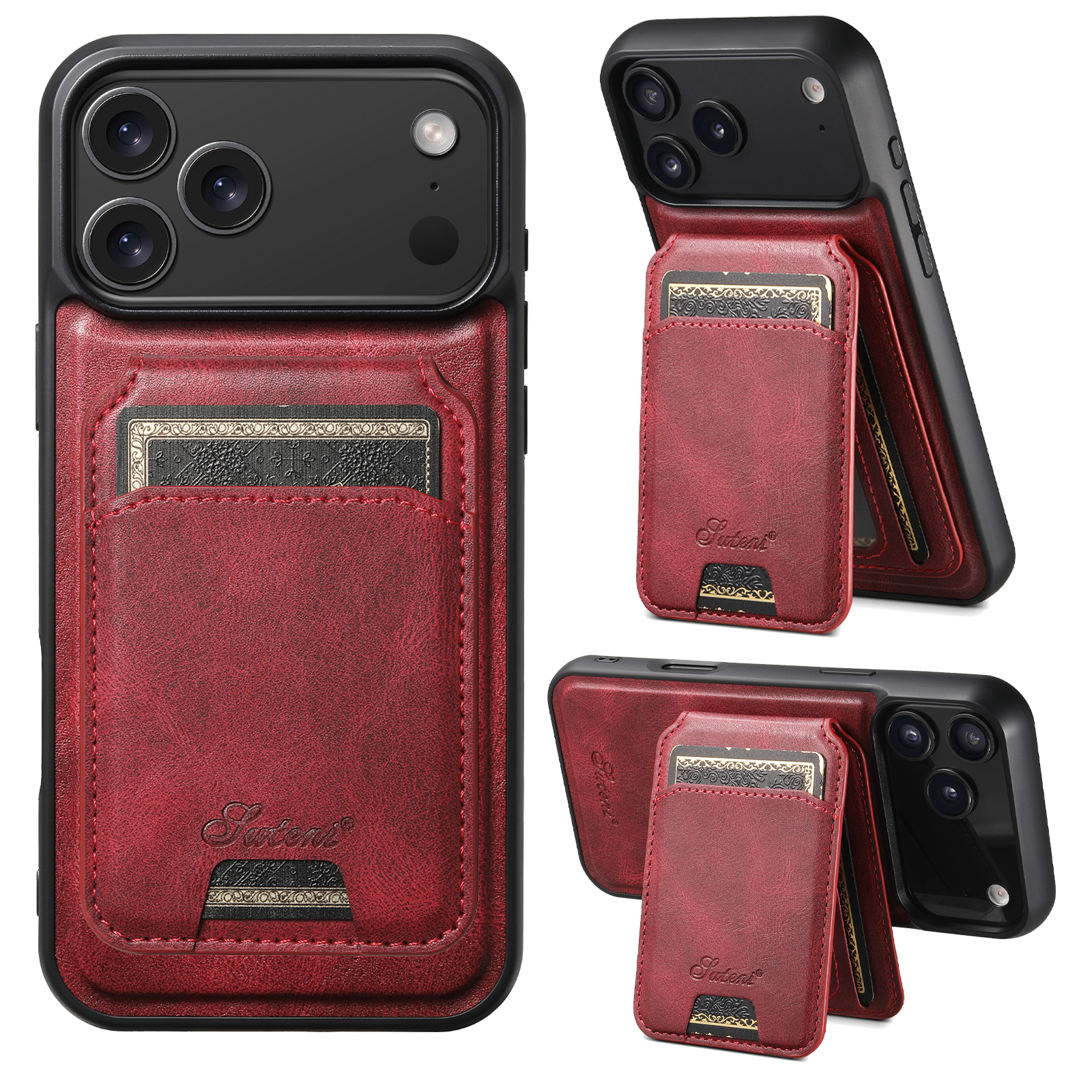 SUTENI H15 Wireless Charging Faux Leather Magnet Card Holder Stand Picture frame Phone Case For iPhone 17 Pro Max 16 Plus 15 14 13 12