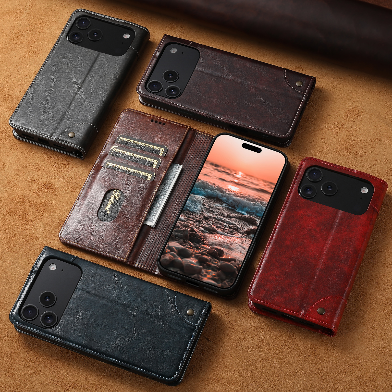 SUTENI BLK Phone Case Faux Leather Card Holder Stand Wallet Magnet Flip Cover For iPhone 17 Pro Max 16 Plus 15 14 13 12