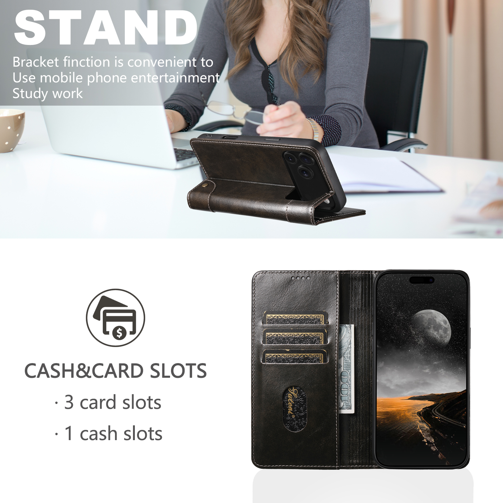SUTENI BLK Phone Case Faux Leather Card Holder Stand Wallet Magnet Flip Cover For iPhone 17 Pro Max 16 Plus 15 14 13 12