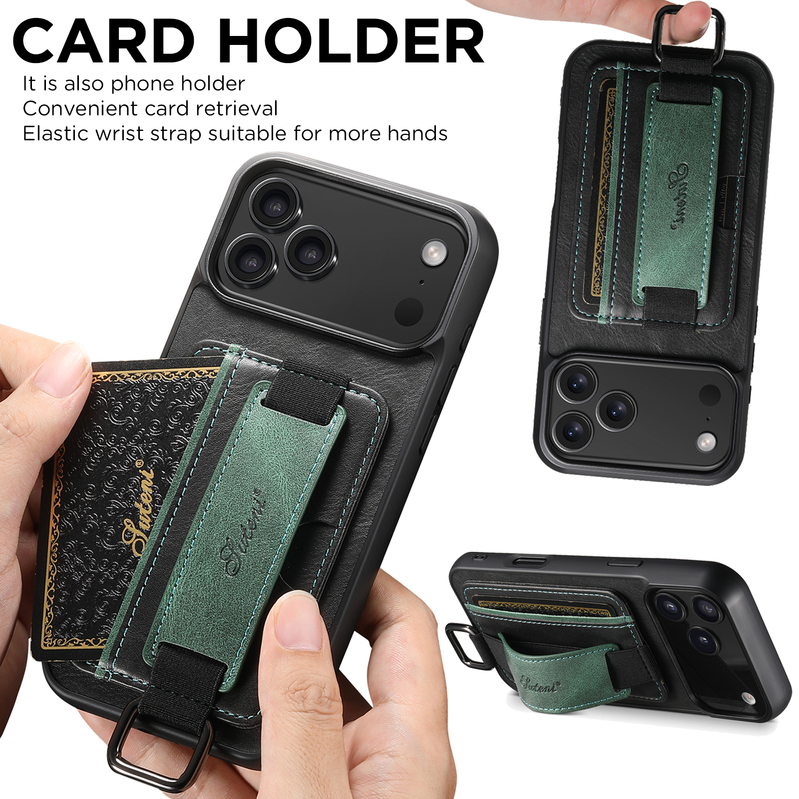 SUTENI H13YL Phone Case Wrist Strap Ring Buckle Faux Leather Card Holder Stand For iPhone 17 Pro Max 16 Plus 15 14 13 12