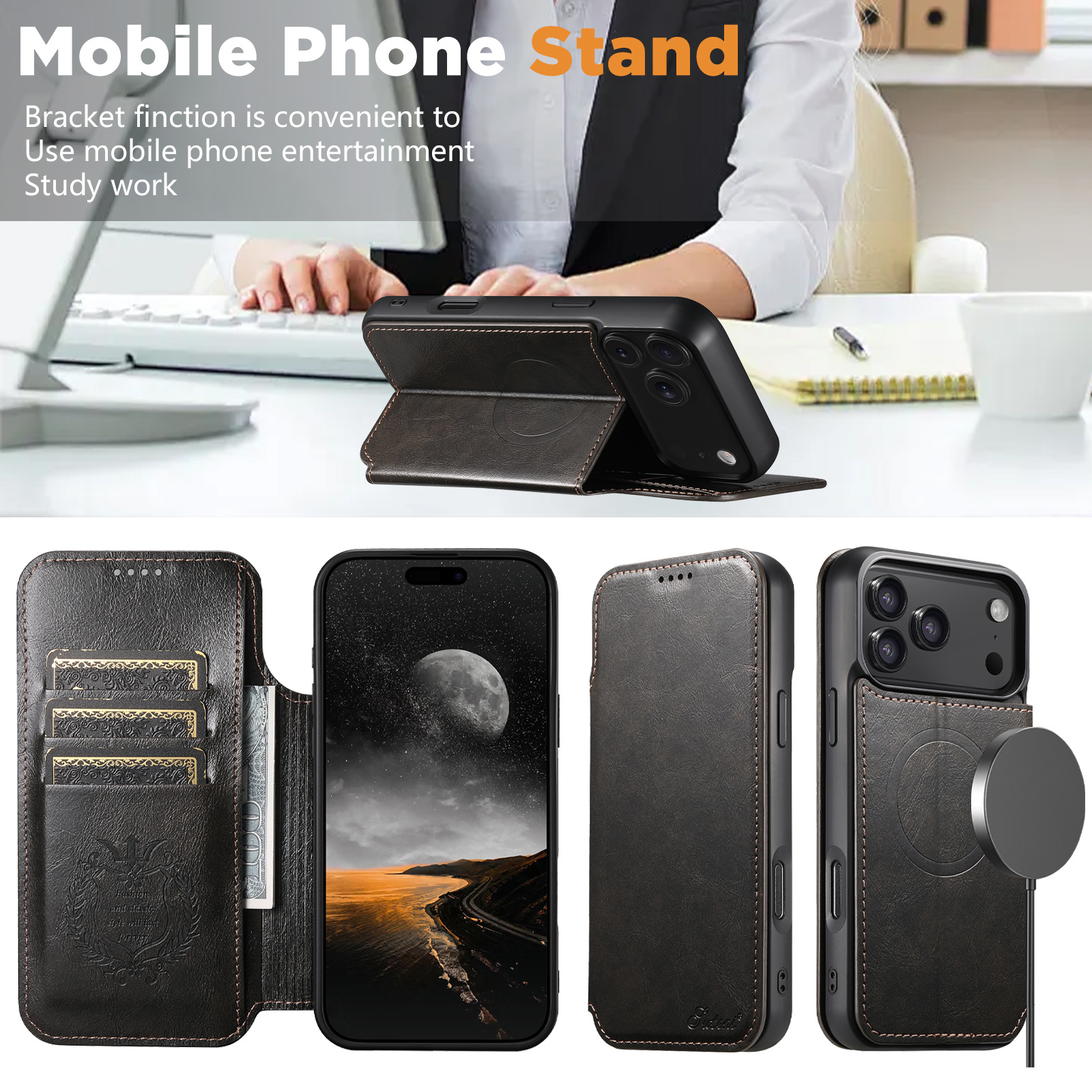 SUTENI J05 Faux Leather Wireless Charging  Card Holder Stand Wallet Magnetic buckle Phone Case For iPhone 17 Pro Max 16 Plus 15 14 13 12