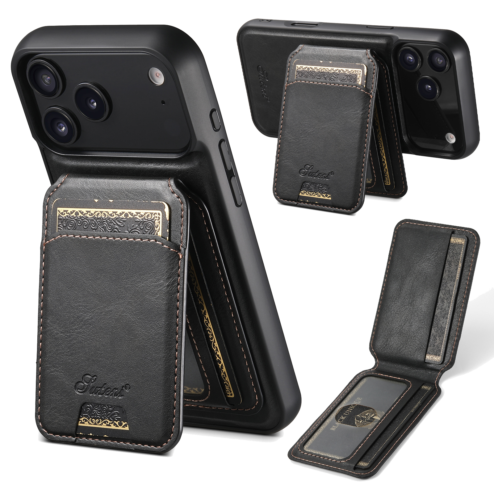 SUTENI H15 Wireless Charging Faux Leather Magnet Card Holder Stand Picture frame Phone Case For iPhone 17 Pro Max 16 Plus 15 14 13 12