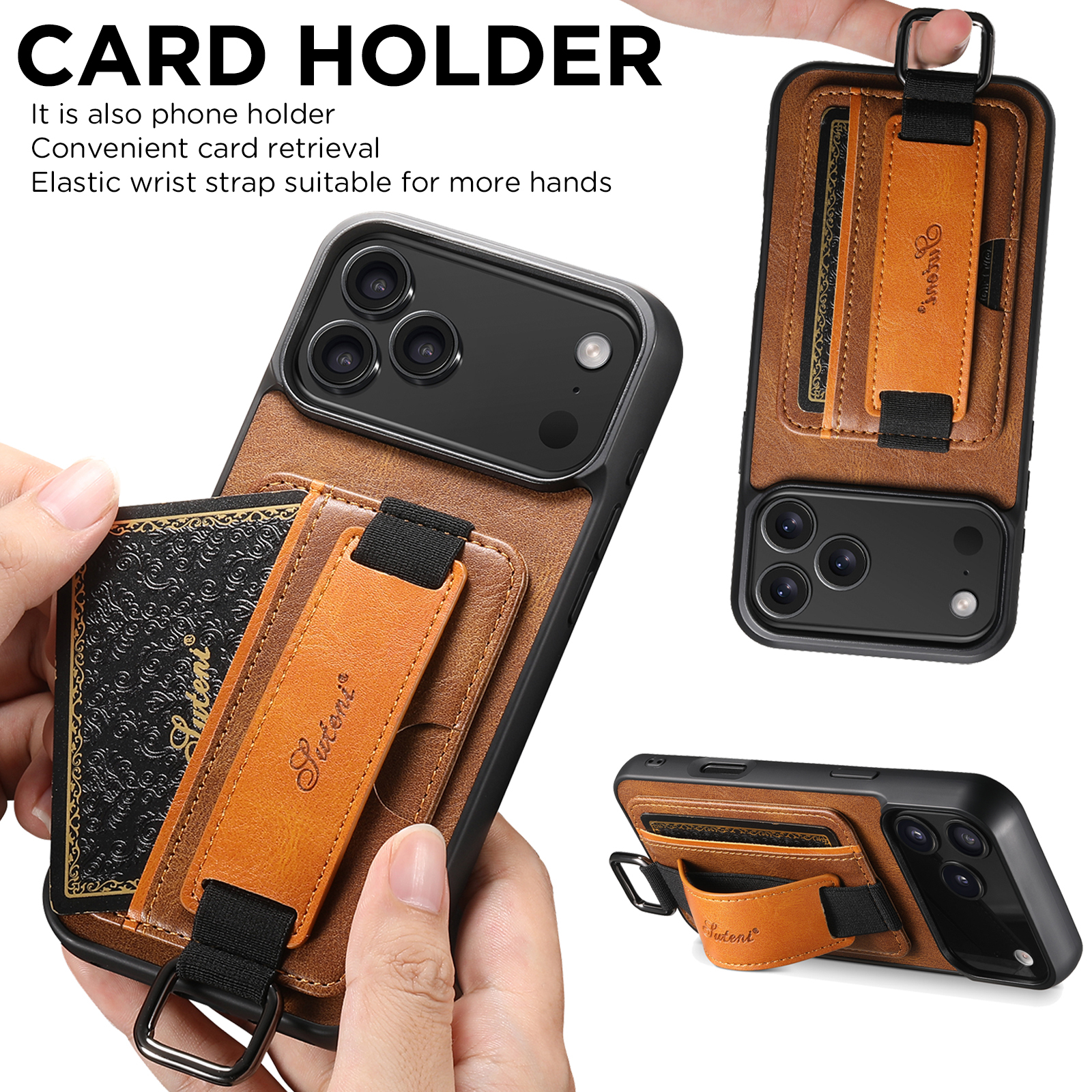 SUTENI H13YL Phone Case Wrist Strap Ring Buckle Faux Leather Card Holder Stand For iPhone 17 Pro Max 16 Plus 15 14 13 12