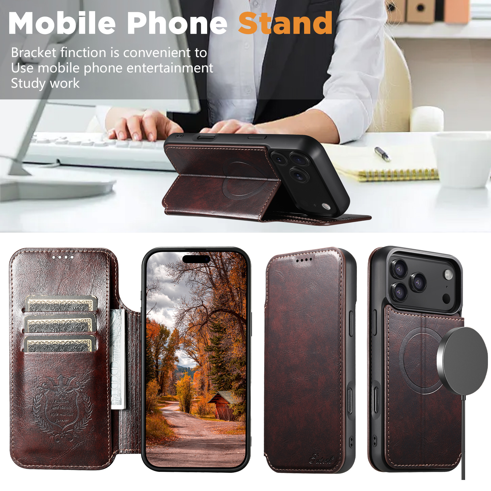 SUTENI J05 Faux Leather Wireless Charging  Card Holder Stand Wallet Magnetic buckle Phone Case For iPhone 17 Pro Max 16 Plus 15 14 13 12