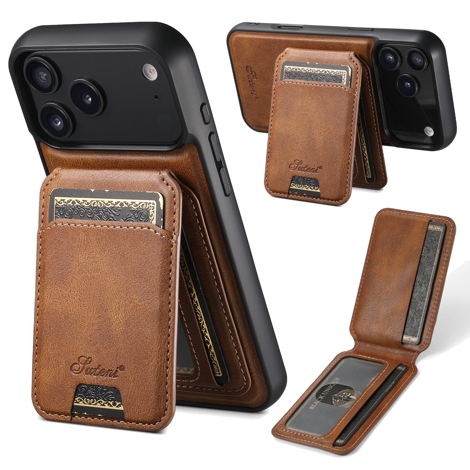 SUTENI H15 Wireless Charging Faux Leather Magnet Card Holder Stand Picture frame Phone Case For iPhone 17 Pro Max 16 Plus 15 14 13 12