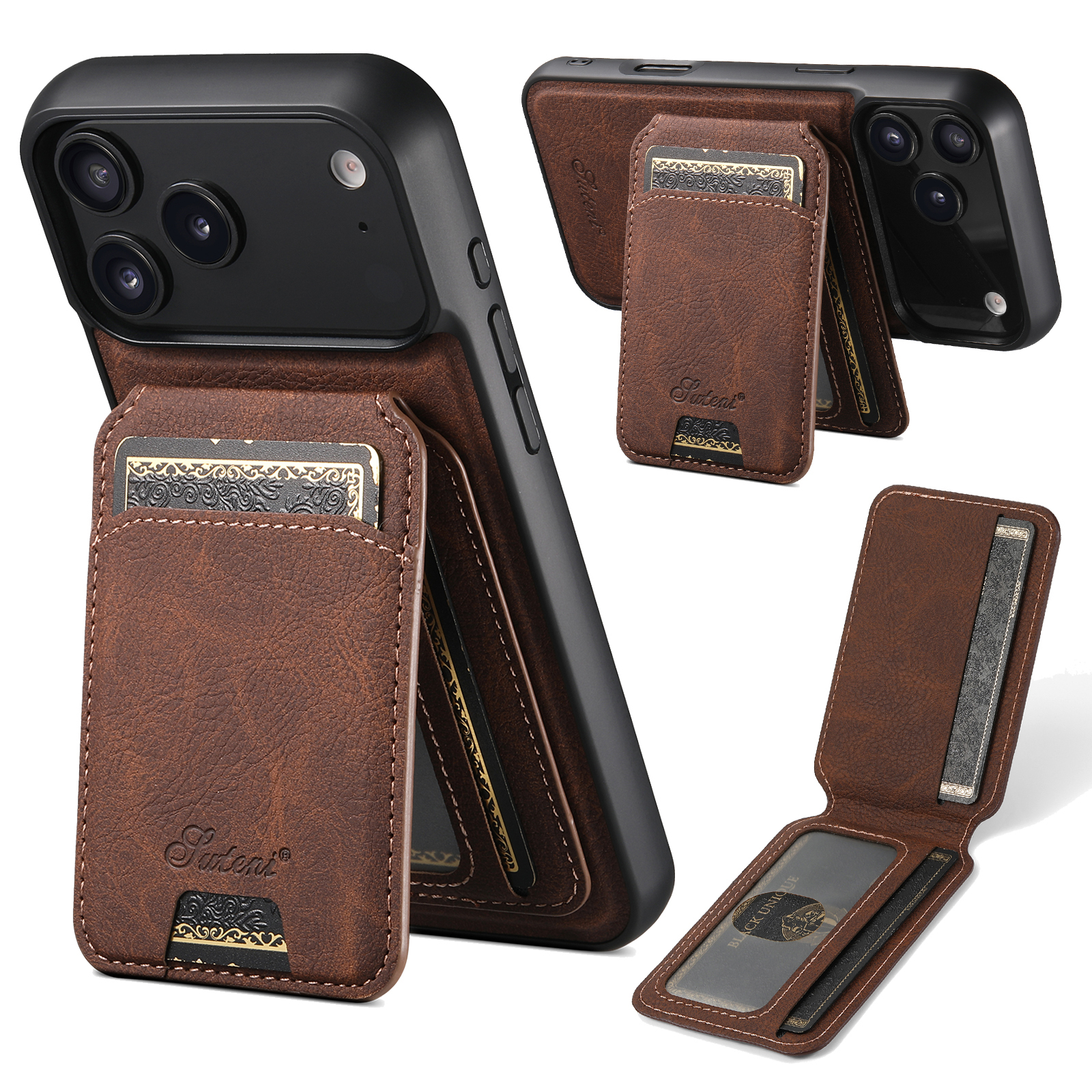 SUTENI H16 Wireless Charging Phone Case Magnet Card Holder Stand Faux Leather For iPhone 17 Pro Max 16 Plus 15 14 13 12