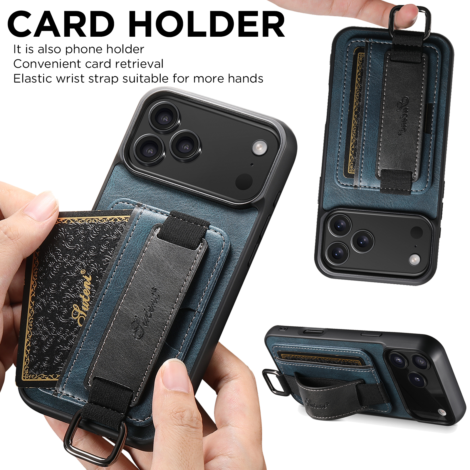 SUTENI H13YL Phone Case Wrist Strap Ring Buckle Faux Leather Card Holder Stand For iPhone 17 Pro Max 16 Plus 15 14 13 12