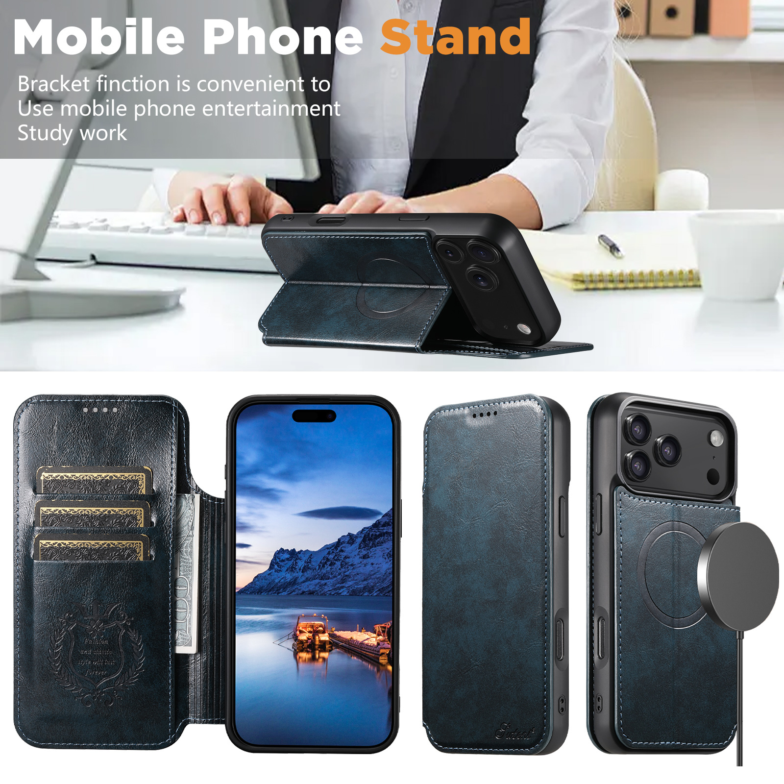 SUTENI J05 Faux Leather Wireless Charging  Card Holder Stand Wallet Magnetic buckle Phone Case For iPhone 17 Pro Max 16 Plus 15 14 13 12