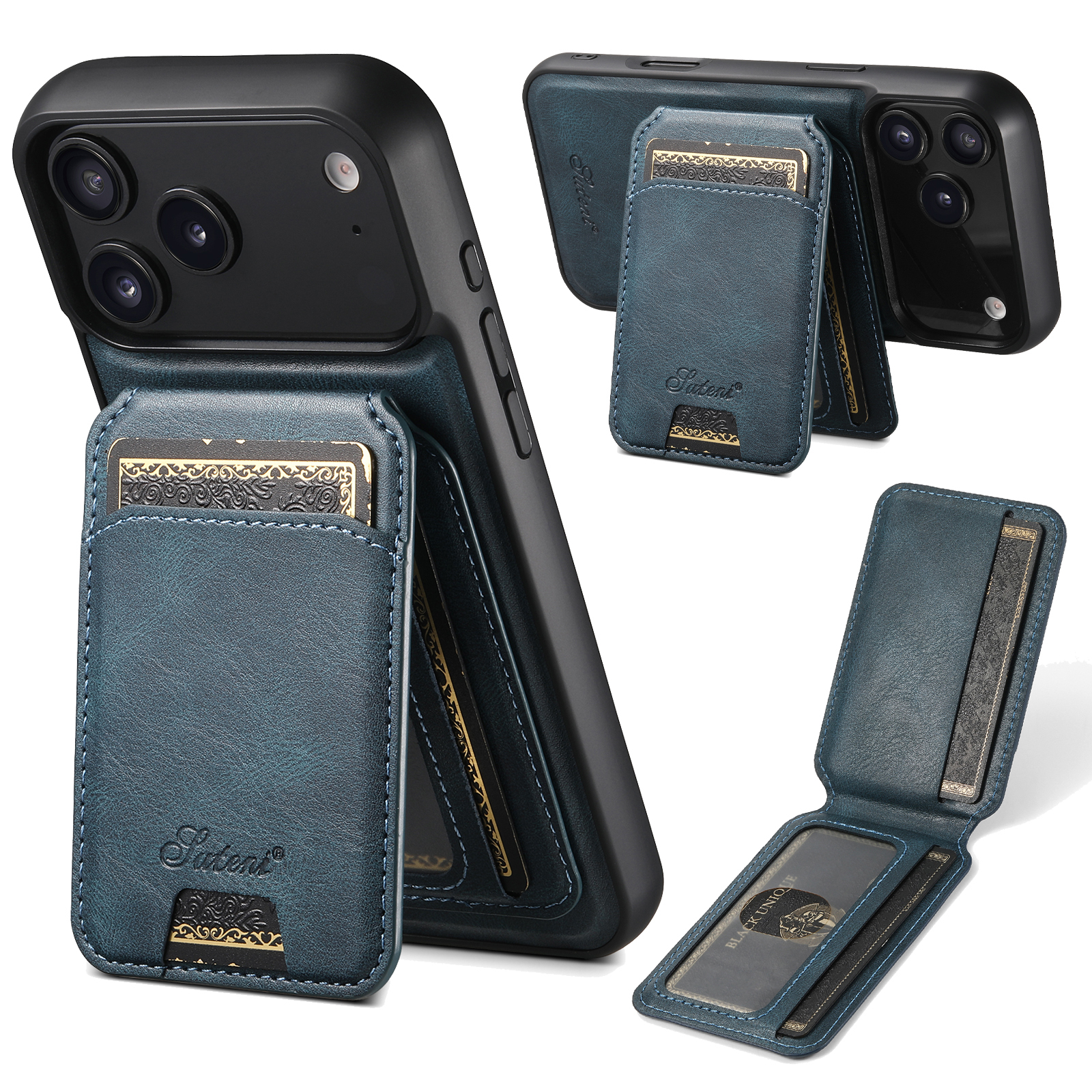 SUTENI H15 Wireless Charging Faux Leather Magnet Card Holder Stand Picture frame Phone Case For iPhone 17 Pro Max 16 Plus 15 14 13 12